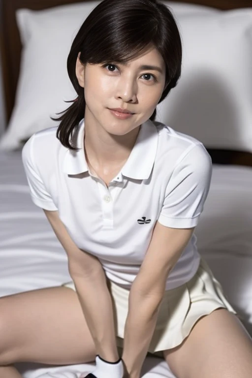 (Masterpiece, Best quality: 1.3), (Ultra realistic, Photo-realistic: 1.2), From above, From side, Lying, Looking at viewer, Natural light, 28 years old actress, Japanese women, Neat and clean, (White sexy tennis uniform, White short-sleeve polo shirt with darknavy line collar:1.2), (unbutton:1.3), (White tennis skirt:1.2), white sock, (Ponytail: 1.2), (Beautiful face), Oval face, clear, Beautiful eyes, Kind eyes, Clear skin, Small face, Beautiful mouth, Small mouth, Natural makeup, Approachable, (nsfw:1.2), Seductive smile, (Seductive pose: 1.3), (Beautiful thighs: 1.2), (Bedroom eyes: 1.1), Embarrassed, Blush, Luxury hotel Suite room, On bed,