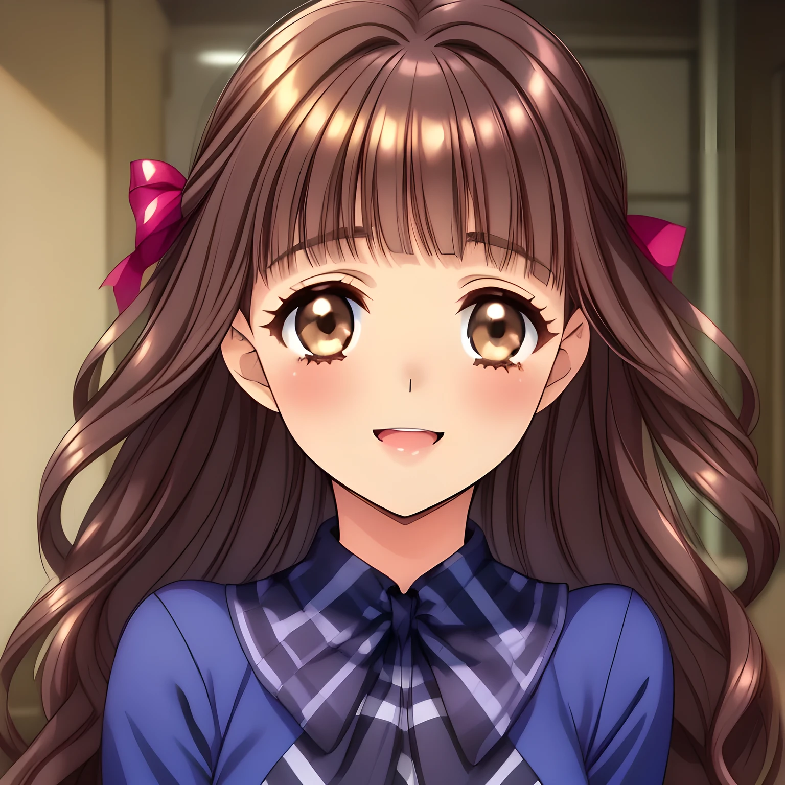 (highest quality, masterpiece:1.2), highest quality, High resolution, 1080p, 8K, Height: 160cm, (Noble lady, just won the noble beauty Grand Prix, studying, too flattering smile, amazingly neat & clean, in peace and neat lovely strong charm, face up, tilted head: 1.8), (Too noble beautiful lady like a love-story comic heroine), (laugh in bliss), (Whispering the viewer's subliminal desire secretly to hypnotize the viewer), A very lovely, very noble, pretty and pure beautiful girls. ((Bursting out Laughing very elegantly)), Using expensive whitening cosmetics by cosmetics artist: 1.2), A face that everyone loves, Glossy lips, shorter even (curled) bangs, (Too beautiful blue fascinating shiny (double-lidded) (brown eyes) with love to the viewer, ((deep upper eyelid)), with detailed clearly (like girlish comics beautiful lovely heroine): 1.5), ((Black long Hair)), ((long amazingly beautiful (wavy) long hair: 1.5)), (Sailor-style school uniform, Neat expensive smart white school blouse): 1.5), (A long, very neat, (tartan-checkered pleated blue skirt with belt): 1.2), (too pretty shiny light-yellow realistic school ribbon): 1.5), (Extremely lustrous, shiny game heroine lips, laughing open mouth: 0.8), (Ribbon in (black hair), The ribbon is big and very pretty, Beautiful black wavy hair like a hair model), (Tight waist, slender like a beautiful fashion model, all the high-school student ladies admire their style: 1.5), (The background is plain black space to emphasize their fascination: 1.6), (The lady knows well about the viewer's super fetishism for school uniforms, inviting the viewer into uniform dream of succubus, and satisfies it completely with her hands and skirts and (laughter giving extreme pleasure) deeply (in the viewer's clear lewd dream): 1.6), (beautiful expensive gorgeous atmosphere which the viewer can't stop being lustful: 1.5)