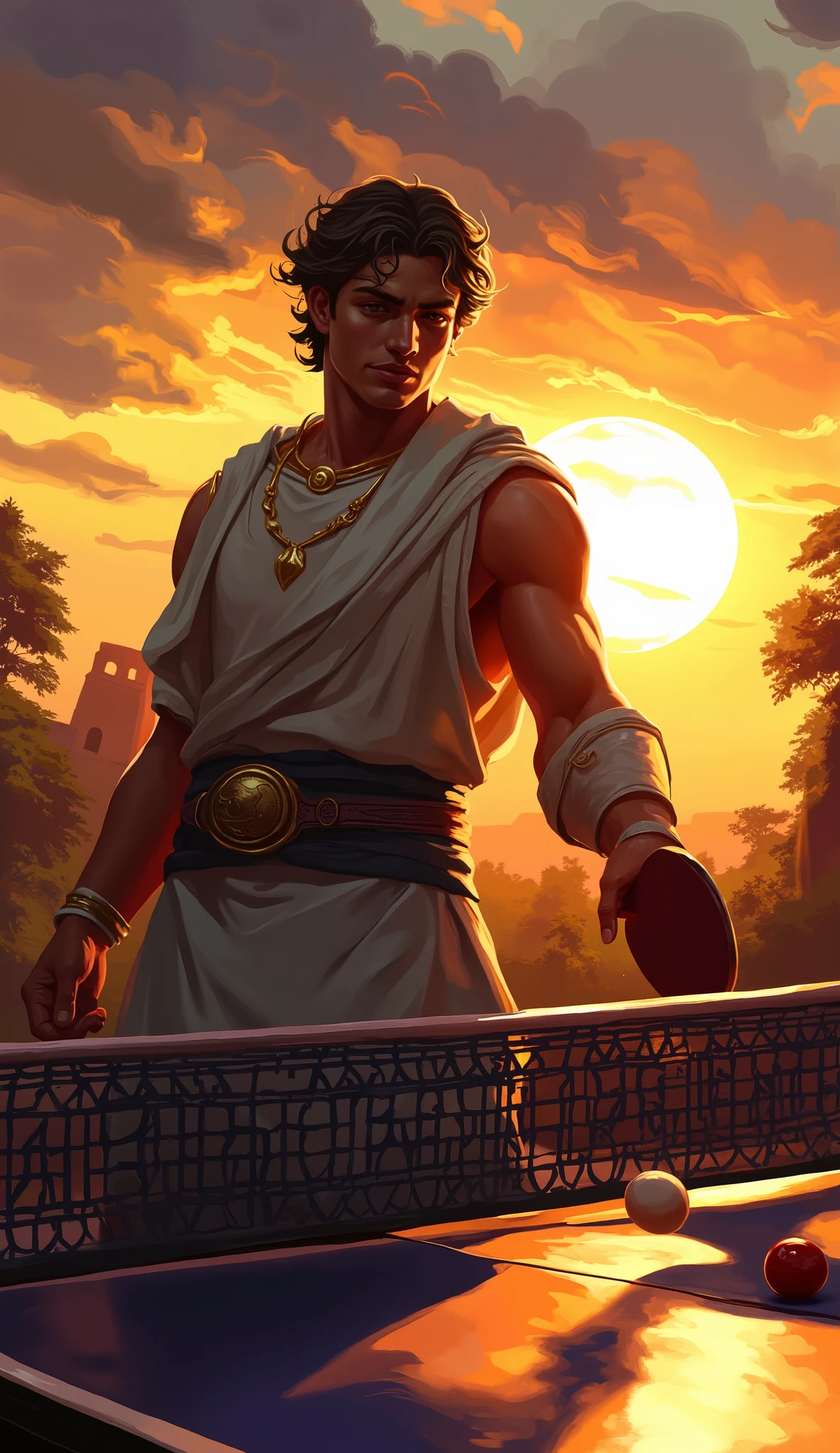 young greek god, perfect face, smooth face, perfect body, wearing a greek god clothes with golden shining elements, he is playing ping pong, holding a ping pong paddle, ping pong table in background, digital painting, graphic , sun rising in the background, ray if sun refllect on his body,full art illustration, oil painting