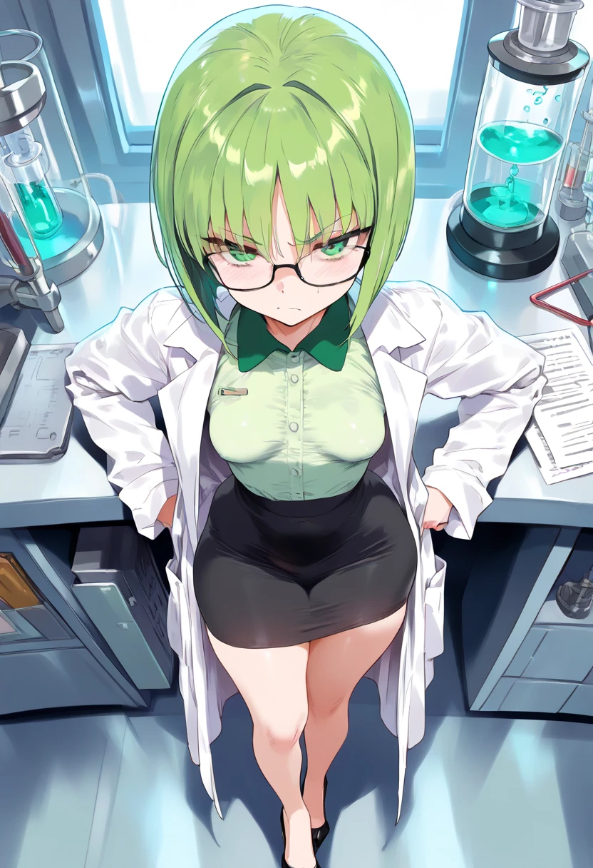 NSFW,1girl,Green Hair,Light green eyes,Curly medium short hair,Square glasses,Wearing a large white coat,,Dairy-free,garter belt,Expressionless,desk,Character portrait,full Art,