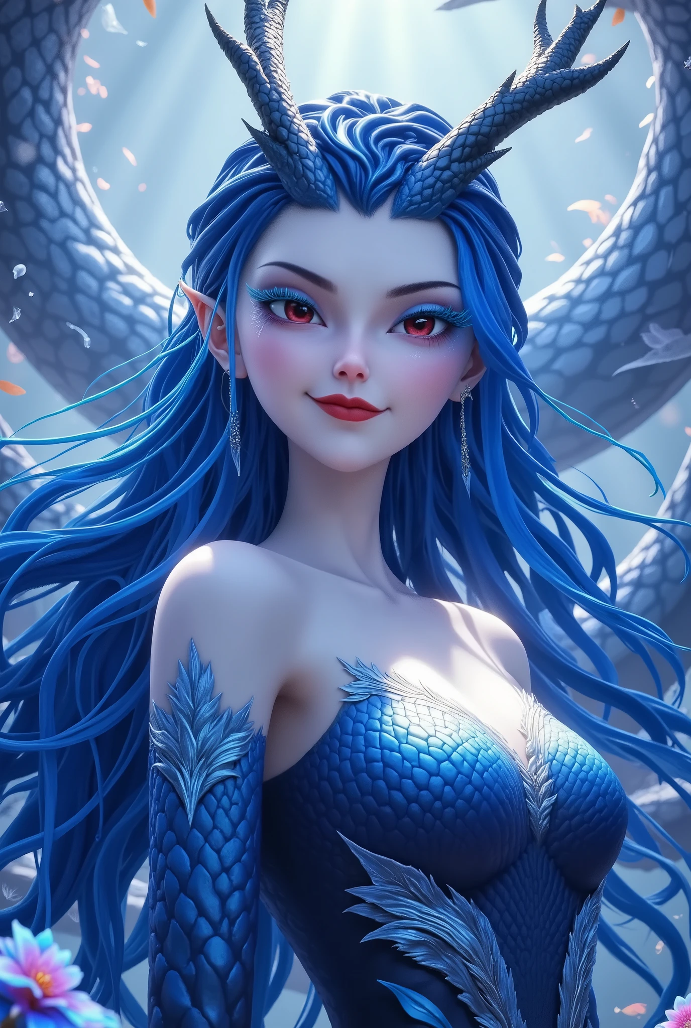 Noble and Elegant Dragon Princess,She will freeze magic, red eyes,Blue eyelashes,Dragon Horn。Prefer blue clothes。Dragon in the air。crystal darts,Examples of luminescence, ray tracing,Motion Capture。 Disney-style ,IG Model,Blue Elf, Detailed Fantasy Art , Fantasy Art Style, Intricate Fantastic Digital Art