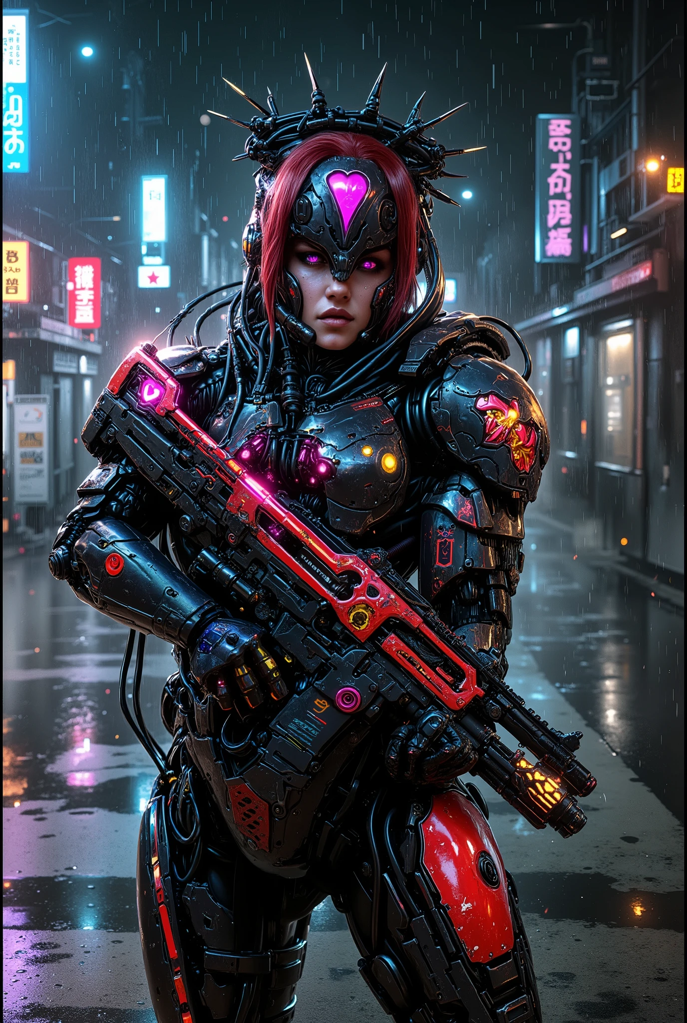 In a cyberpunk city street bathed in the glow of neon lights on a rainy night, a super muscular female cyborg stands confidently. Her shiny black and red metallic armor, adorned with painted roses and thorns, glistens under the wet pavement's reflection. The helmet is raised, showing her beautiful face beneath. A crown of thorns is painted around the top of the helm. Bright red hair frames her heart-shaped face, and Glowing red eyes pierce through the darkness. Black eyeshadow and mascara highlight her eyes. Her thin lips are touched with deep red makeup. She wears cybernetic enhancements, cables, and mechanical muscles that seem to pulse with energy. A futuristic aiai-G&A rifle, its red neon design pulsating in sync with her mechanical limbs, is cradled in her arms. The black and red armor appears almost alive, with intricate cable work and mechanical musculature that seems to ripple beneath the surface as she stands ready to take on the urban jungle.