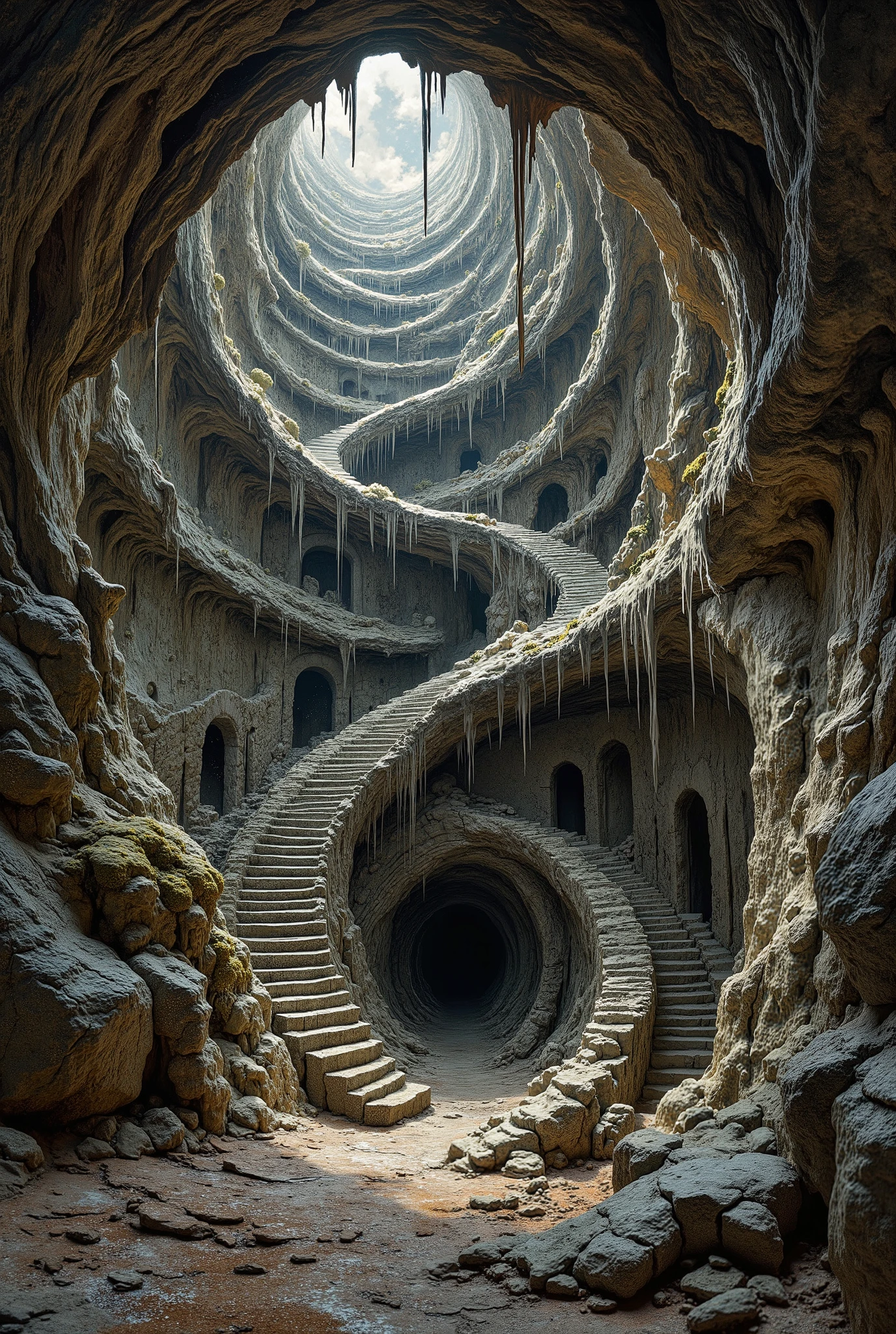 A wide-angle view of a surreal cave, with an Escher-like labyrinth of twisting corridors spiraling downward, impossible formations extending in every direction. The stone walls ripple with Van Gogh-like swirling textures, shifting under dim light. Shadows stretch and recede with dramatic Caravaggio-style chiaroscuro contrasts, isolating pockets of eerie illumination. The stalactites do not just hang but reach downward, spindly and skeletal, resembling Schiele's distorted forms. The ground is ever-changing, melting in some places like Dali’s landscapes, solidifying unpredictably beneath each step. Doorways of pure shadow appear where none should exist. The air is thick with an unsettling presence, fog clings to the space, and a dark glow shimmers ominously. This painting uses impasto brushwork for texture, adding a tactile depth to the illusion of shifting reality, rendered in hyper-detailed 8K quality.