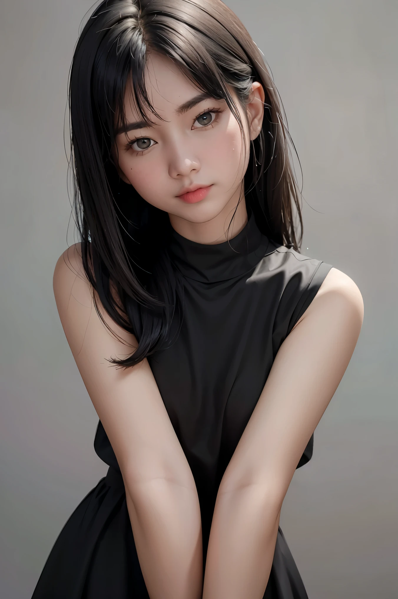 Best quality, masterpiece, ultra high res, (photorealistic:1.4), raw photo,1girl, solo, realistic, looking at viewer, upper body,simple gray background, black dress,