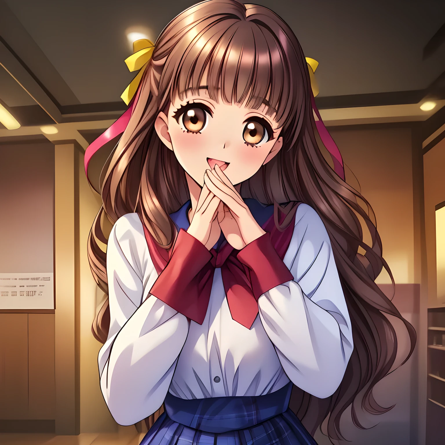 (highest quality, masterpiece:1.2), highest quality, High resolution, 1080p, 8K, Height: 160cm, (Noble lady, just won the noble beauty Grand Prix, studying, too flattering smile, amazingly neat & clean, in peace and neat lovely strong charm, face up, tilted head: 1.8), (Too noble beautiful lady like a love-story comic heroine), (laugh in bliss), (Whispering the viewer's subliminal desire secretly to hypnotize the viewer), A very lovely, very noble, pretty and pure beautiful girls. ((Bursting out Laughing very elegantly)), Using expensive whitening cosmetics by cosmetics artist: 1.2), A face that everyone loves, Glossy lips, shorter even (curled) bangs, (Too beautiful blue fascinating shiny (double-lidded) (brown eyes) with love to the viewer, ((deep upper eyelid)), with detailed clearly (like girlish comics beautiful lovely heroine): 1.5), ((Black long Hair)), ((long amazingly beautiful (wavy) long hair: 1.5)), (Sailor-style school uniform, Neat smart (white blouse)): 1.5), (A long, very neat, (tartan-checkered pleated blue skirt with belt): 1.2), (too pretty shiny light-yellow realistic school ribbon): 1.5), (Extremely lustrous, shiny game heroine lips, laughing open mouth: 0.8), (Ribbon in (black hair), The ribbon is big and very pretty, Beautiful black wavy hair like a hair model), (Tight waist, slender like a beautiful fashion model, all the high-school student ladies admire their style: 1.5), (The background is plain black space to emphasize their fascination: 1.6), (The lady knows well about the viewer's super fetishism for school uniforms, inviting the viewer into uniform dream of succubus, and satisfies it completely with her hands and skirts and (laughter giving extreme pleasure) deeply (in the viewer's clear lewd dream): 1.6), (beautiful expensive gorgeous atmosphere which the viewer can't stop being lustful: 1.5)
