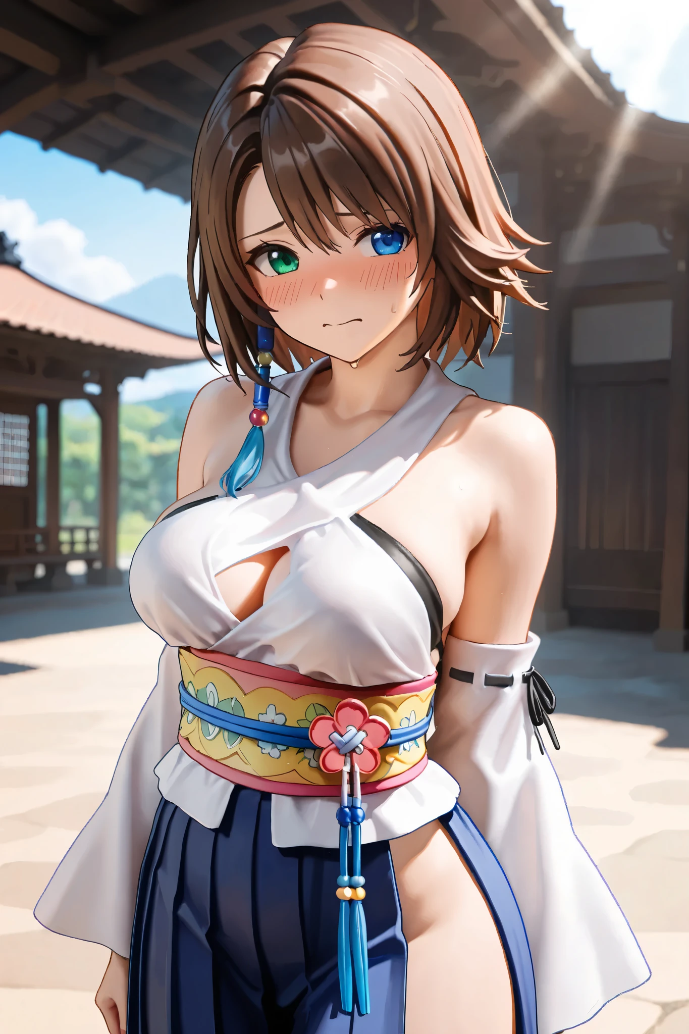(1 girl),(high quality), (High resolution), (extremely detailed), (8K),(upper body shot),transparent outfit,(CG illustration)YunaFFX、heterochromiashort hair,YunaFFX、heterochromia、short hair、YunaOutfit、hair ornaments、Removal sleeve、hakama、band、hakamaスカート、long skirt,(Beautifully erect nipple shape),High resolutionの美しい目,(neutral white lighting:1.2),dancing,
