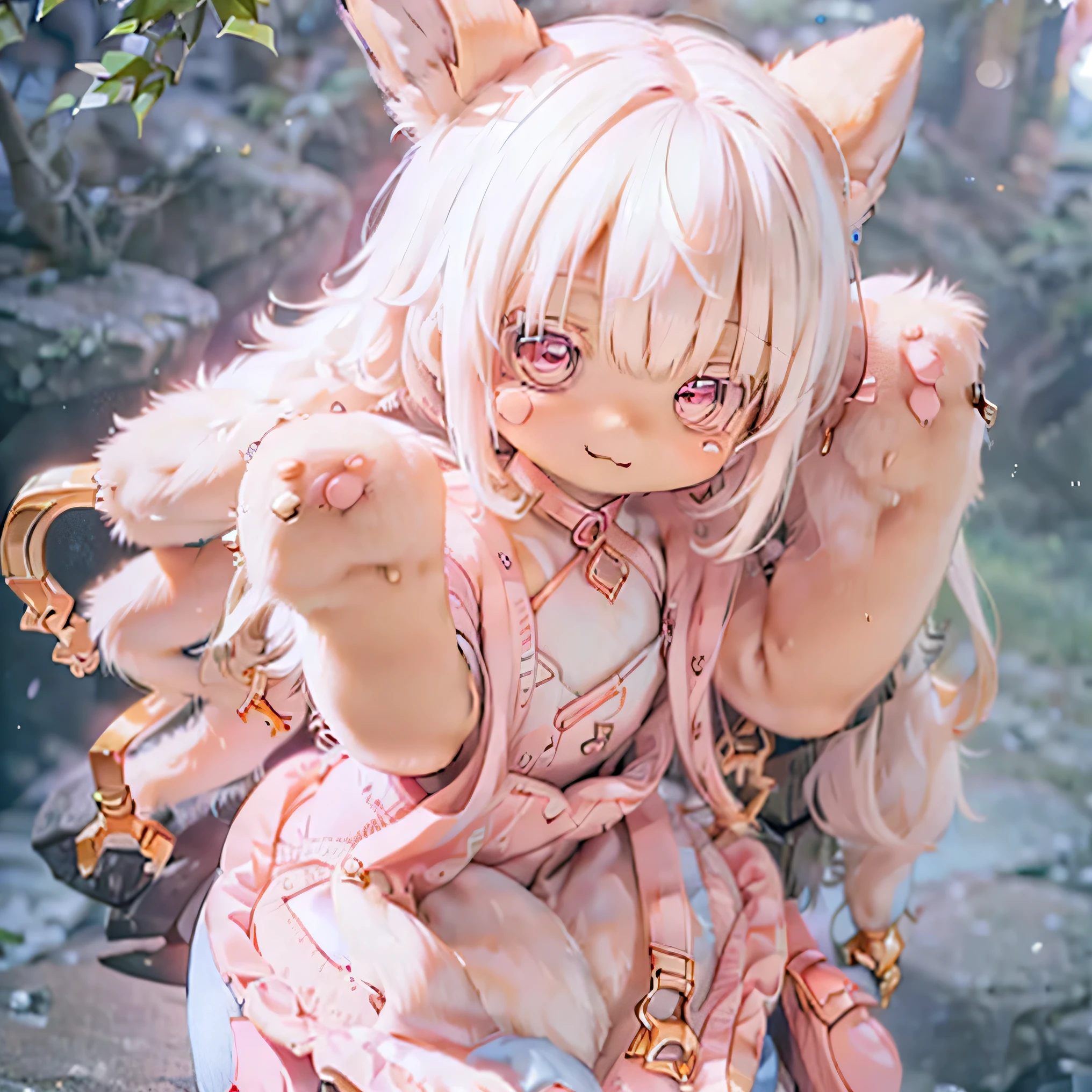 in the garden, smile, Photorealistic rendering with a warm and bright atmosphere . Similar to a forest setting , it combines , beautiful eyes and lips . ((( Photorealistic renderings similar to Chibi character styles ,))) . image quality is excellent , Illumination highly detailed and realistic features that create a warm and bright atmosphere . The medium of this work is、 I created an illustration .. The colors are vivid、 illumination、 made in Abyss 、use 。 whole body((((( cute pink dress ))))) cute pose