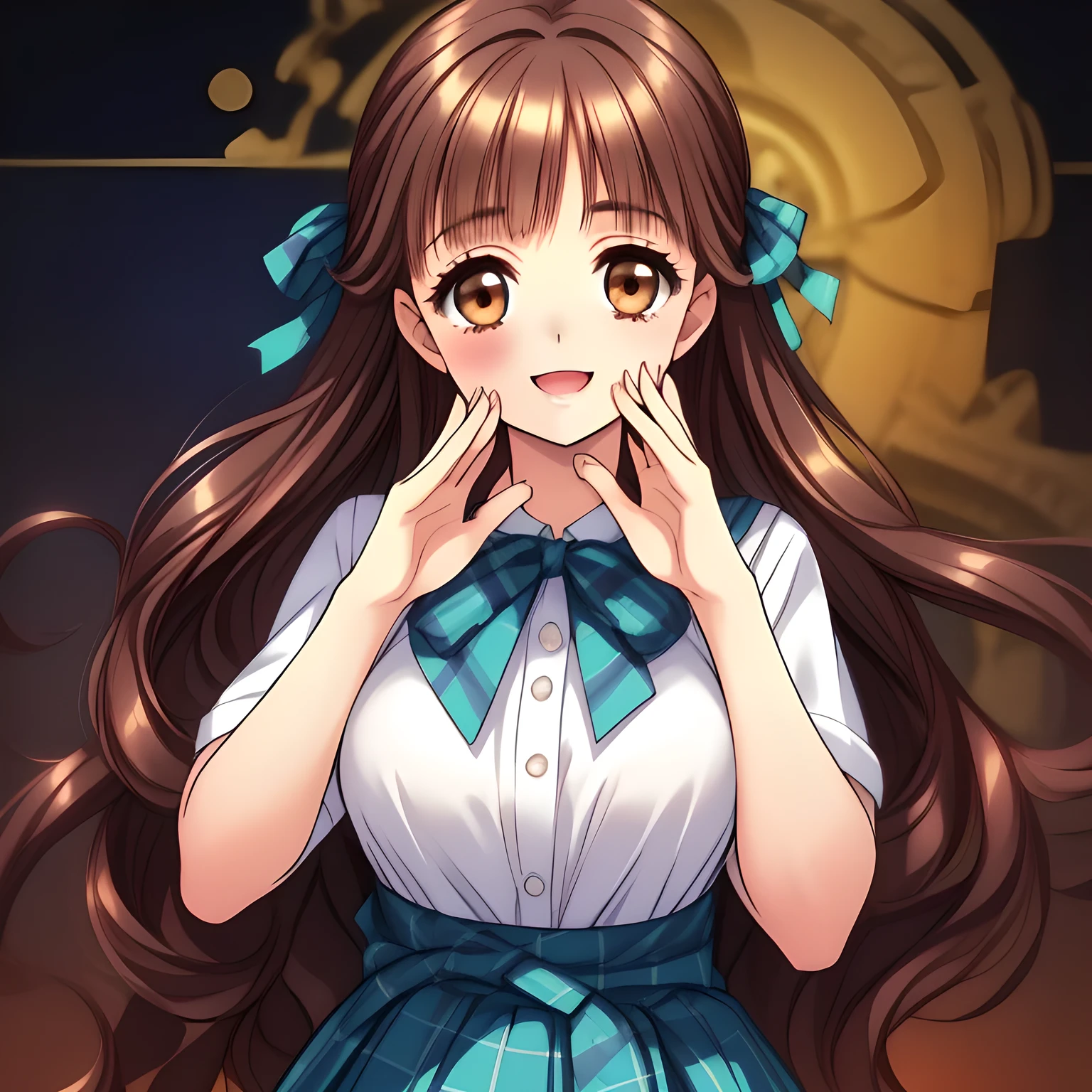 (highest quality, masterpiece:1.2), highest quality, High resolution, 1080p, 8K, Height: 160cm, (A  beautiful girl, just won the National beautiful girl Grand Prix, studying, too flattering smile, amazingly neat & clean, in peace and neat lovely strong charm, face up, tilted head: 1.8), (Too noble beautiful lady like a love-story comic heroine), (laugh in bliss), (Whispering the viewer's subliminal desire secretly to hypnotize the viewer), A very lovely, very noble, pretty and pure beautiful girls. ((Bursting out Laughing very elegantly)), Using expensive whitening cosmetics by cosmetics artist: 1.2), A face that everyone loves, Glossy lips, shorter even (curled) bangs, (Too beautiful blue fascinating shiny (double-lidded) (brown eyes) with love to the viewer, ((deep upper eyelid)), with detailed clearly (like girlish comics beautiful lovely heroine): 1.5), ((Black long Hair)), ((long amazingly beautiful (wavy) long hair: 1.5)), (Sailor-style school uniform, Neat smart (white blouse)): 1.5), (A long, very neat, (tartan-checkered pleated blue skirt with belt): 1.2), (too pretty shiny light-yellow realistic school ribbon): 1.5), (Extremely lustrous, shiny game heroine lips, laughing open mouth: 0.8), (Ribbon in (black hair), The ribbon is big and very pretty, Beautiful black wavy hair like a hair model), (Tight waist, slender like a beautiful fashion model, all the high-school student ladies admire their style: 1.5), (The background is plain black space to emphasize their fascination: 1.6), (The lady knows well about the viewer's super fetishism for school uniforms, inviting the viewer into uniform dream of succubus, and satisfies it completely with her hands and skirts and (laughter giving extreme pleasure) deeply (in the viewer's clear lewd dream): 1.6), (beautiful expensive gorgeous atmosphere which the viewer can't stop being lustful: 1.5)