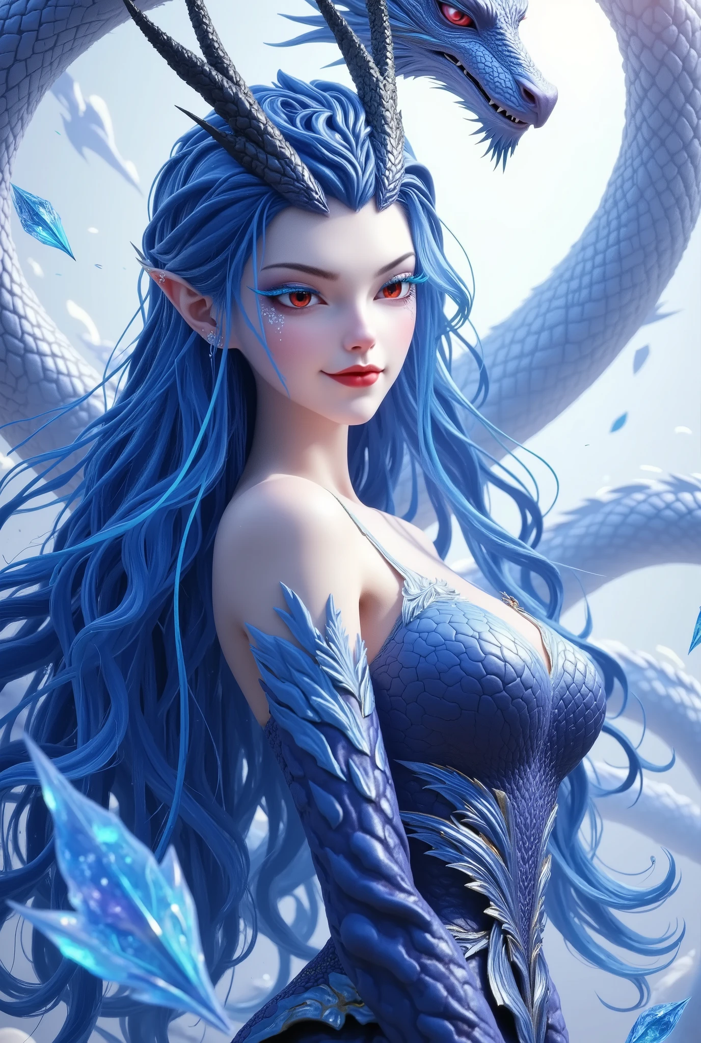 Noble and Elegant Dragon Princess,She will freeze magic, red eyes,Blue eyelashes,Dragon Horn。Prefer blue clothes。Dragon in the air。crystal darts,Examples of luminescence, ray tracing,Motion Capture。 Disney-style ,IG Model,Blue Elf, Detailed Fantasy Art , Fantasy Art Style, Intricate Fantastic Digital Art