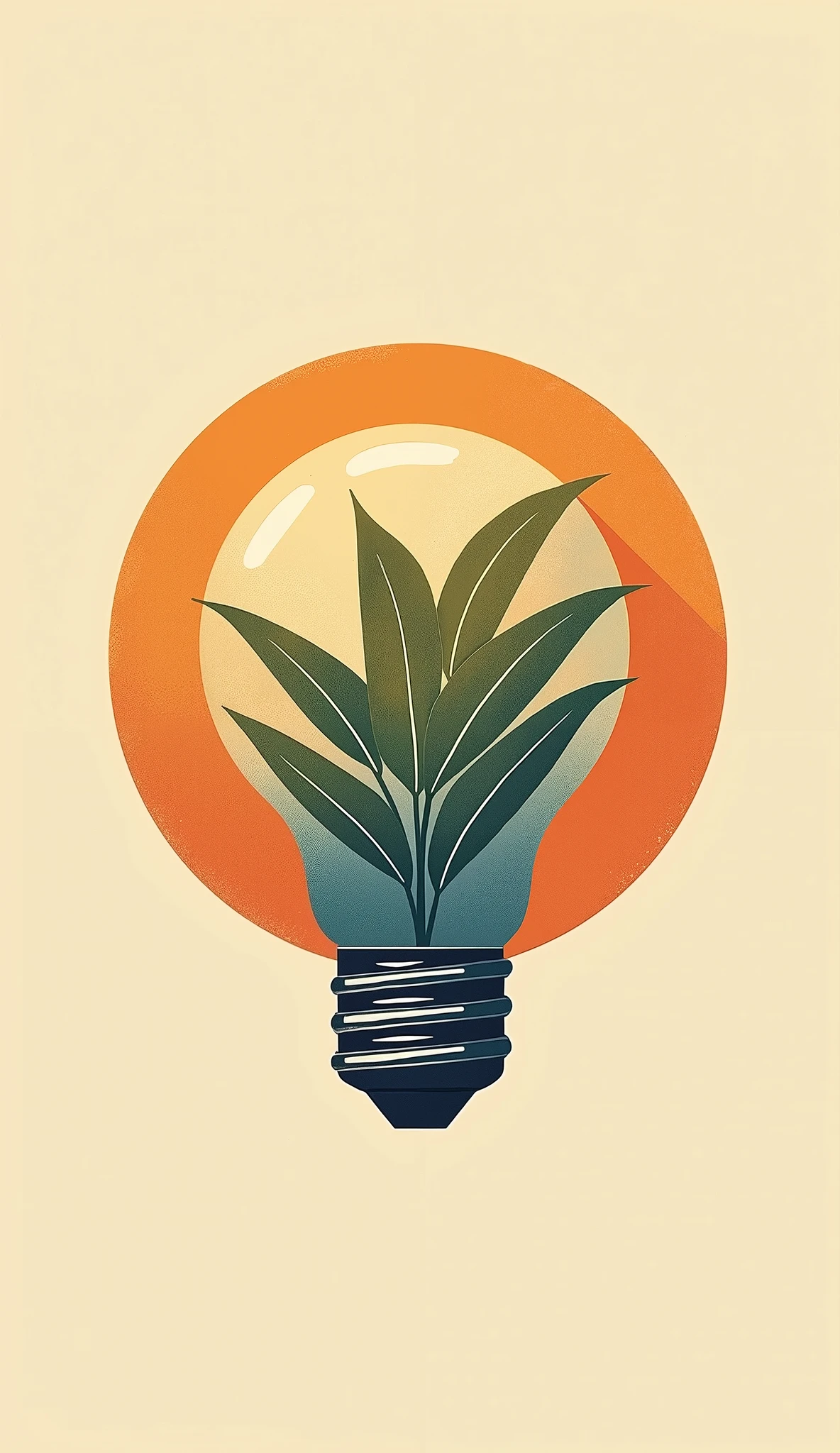 A well-balanced vintage-style icon of a lightbulb with leaves inside, representing wellness tips. The background is earthy beige (#E8D8C4), highlighted with warm orange (#D77A61) and deep blue (#264653). The icon is central, with soft textures and retro shading
