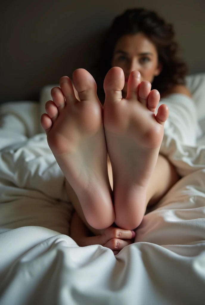 photography, wide angle, full body, young woman, lying in bed, barefoot (seeing the soles of her feet in detail)