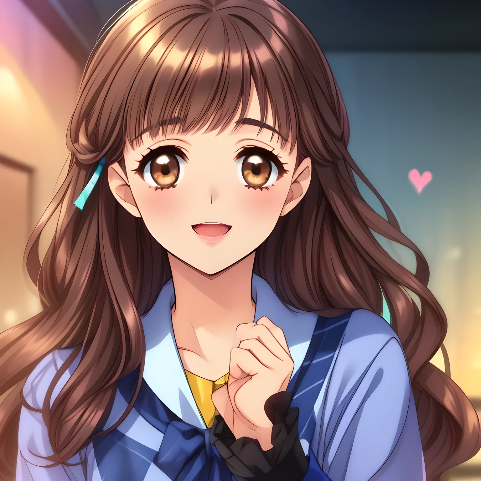 (highest quality, masterpiece:1.2), highest quality, High resolution, 1080p, 8K, Height: 160cm, (A  beautiful girl, just won the National beautiful girl Grand Prix, smart and slender, too flattering smile, amazingly neat & clean, in peace and neat lovely strong charm, face up, tilted head: 1.8), (Too noble beautiful lady like a love-story comic heroine), (laugh in bliss), (Whispering the viewer's subliminal desire secretly to hypnotize the viewer), A very lovely, very noble, pretty and pure beautiful girls. ((Bursting out Laughing very elegantly)), Using expensive whitening cosmetics by cosmetics artist: 1.2), A face that everyone loves, Glossy lips, shorter even (curled) bangs, (Too beautiful blue fascinating shiny (double-lidded) (brown eyes) with love to the viewer, ((deep upper eyelid)), with detailed clearly (like girlish comics beautiful lovely heroine): 1.5), ((Black long Hair)), ((long amazingly beautiful (wavy) long hair: 1.5)), (Sailor-style school uniform, Neat smart (white blouse)): 1.5), (A long, very neat, (tartan-checkered pleated blue skirt with belt): 1.2), (too pretty shiny light-yellow realistic school ribbon): 1.5), (Extremely lustrous, shiny game heroine lips, laughing open mouth: 0.8), (Ribbon in (black hair), The ribbon is big and very pretty, Beautiful black wavy hair like a hair model), (Tight waist, slender like a beautiful fashion model, all the high-school student ladies admire their style: 1.5), (The background is plain black space to emphasize their fascination: 1.6), (The lady knows well about the viewer's super fetishism for school uniforms, inviting the viewer into uniform dream of succubus, and satisfies it completely with her hands and skirts and (laughter giving extreme pleasure) deeply (in the viewer's clear lewd dream): 1.6), (beautiful expensive gorgeous atmosphere which the viewer can't stop being lustful: 1.5)