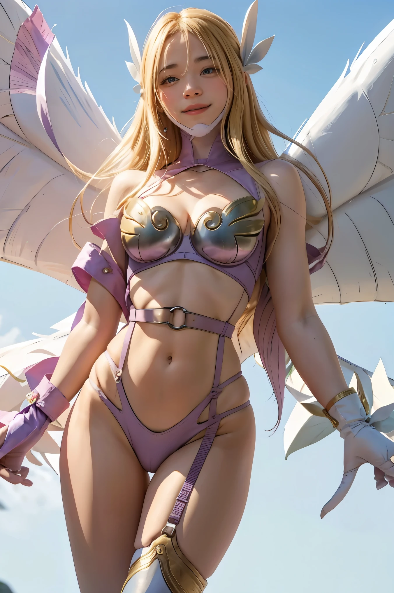 purple hair, long hair, hair ornament, belt, butterfly wings gauntlets, cleavage, garter straps, gauntlets, navel, shoulder pads, thigh highs,, sky, cloud,angewomon, ((blonde hair)), long hair, angel wings,blue eyes, ((big boob)), ((large breasts)), bare shoulders, elbow gloves, feathered wings, gloves, navel, pink ribbon, ribbon, single elbow glove, single glove, thigh strap, wings, sexy, sexy body, laugh,masterpiece, best quality, in detail,cute, (split), whole body, Best image quality、masterpiece、8k、Anime Face、A kind smile、 beautiful body 、Cowboy Shot,sexy、Very detailed、highest quality