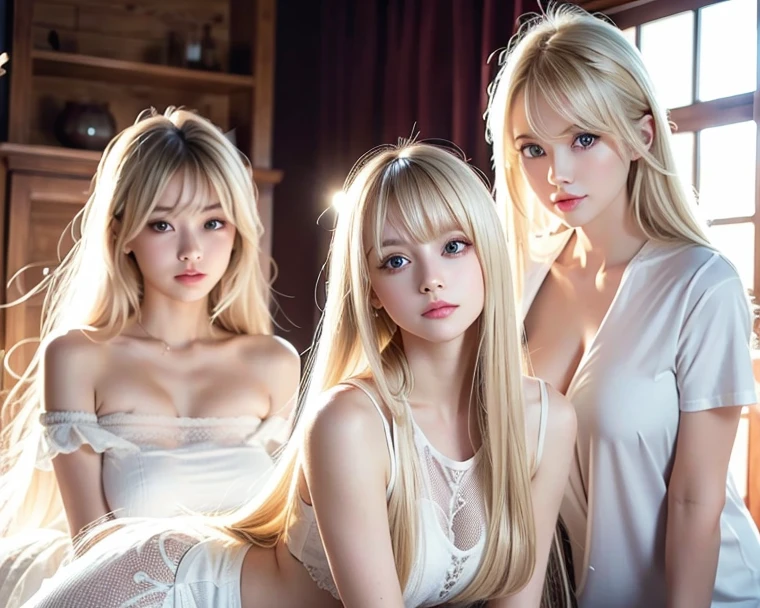 Four 14-year-old girls naked. They have long blonde hair and blue eyes and they fucking each other