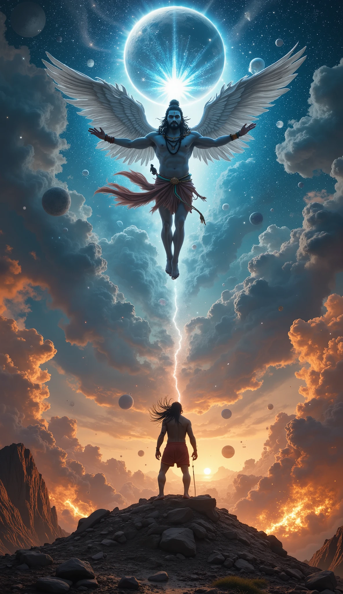 The great cosmic battle between Shiva and Vishnu , with planets and stars , collapsing around them . Shiva stands on Mount Kailash , summoning his higher power , while Vishnu soars in the sky with divine radiance, preparing his final attack . epic fantasy art , Cinematic Visual Effects, Ultra-HD."