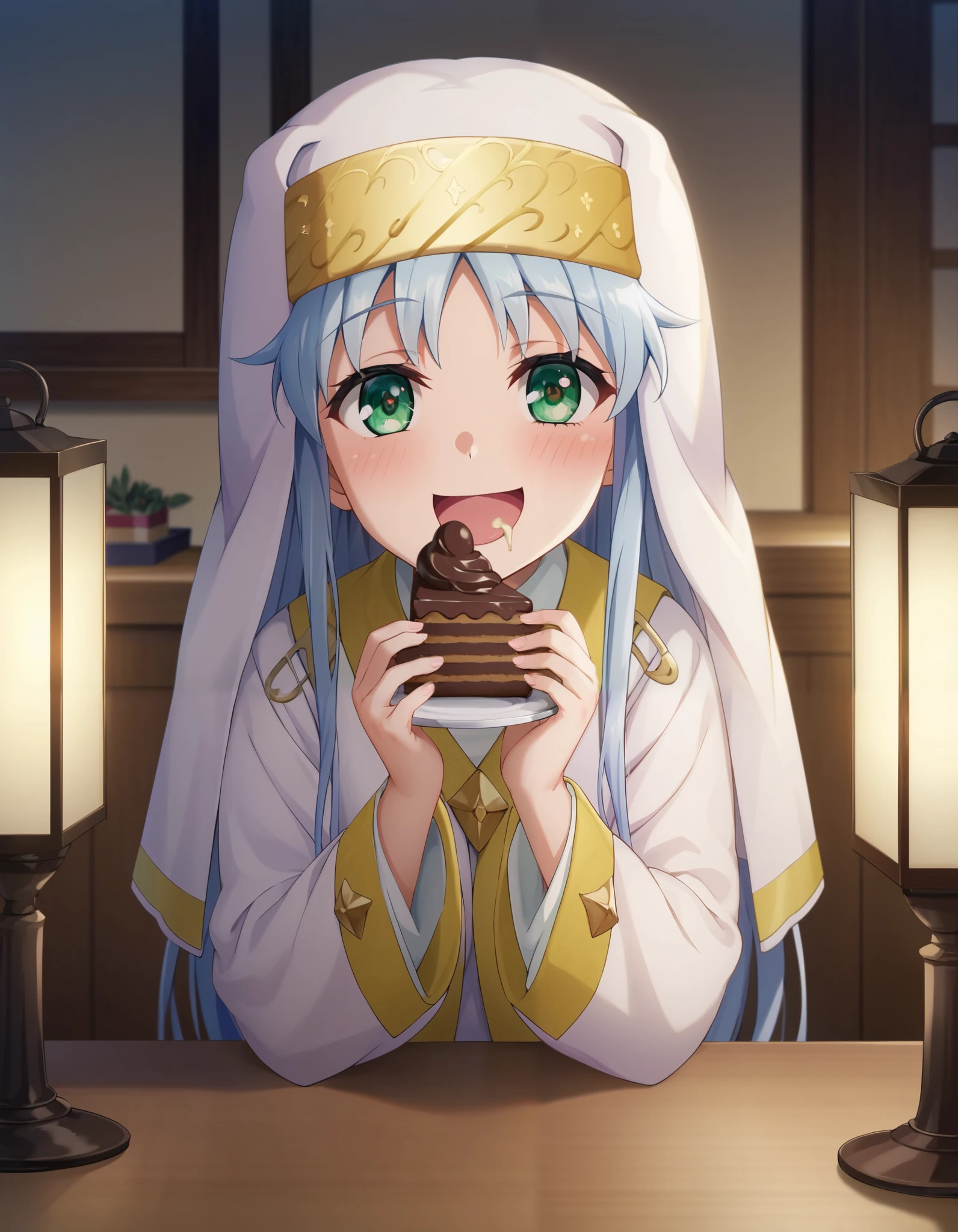 Prohibited bibliography, green eyes, Lantern, long hair,break habit, Long Sleeve, nun, Robe, white Robe, wide sleeve , Long Skirt ,smile,blush, open your mouth, I've just eaten is placed on the table, I'm grabbing a fork stuck in the chocolate cake ,I have chocolate cream on my cheeks , Sitting,eating chocolate cake,tv set, decor,全身が illustrationsに入るように, break indoors, living room ,
break looking at viewer,
break ( Masterpiece:1.2), top quality, Hi-Res, Unity 8k Wallpaper, ( illustrations:0.8), (beautiful detailed eyes:1.6), very detailed face, perfect lighting , Extremely detailed CG, ( perfect hands, perfect anatomy),