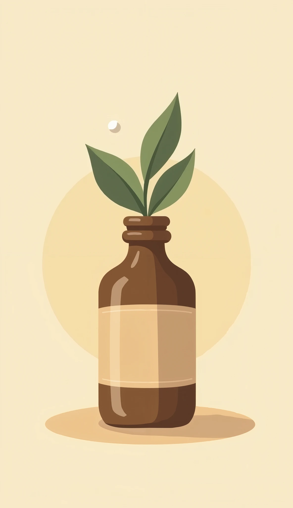 A minimalist vintage-style icon of a herbal bottle with leaves, designed in earthy tones. The background is warm beige (#E8D8C4), with accents of soft brown (#A67C52) and olive green (#6B705C). The icon is central and bold, using retro shading techniques.