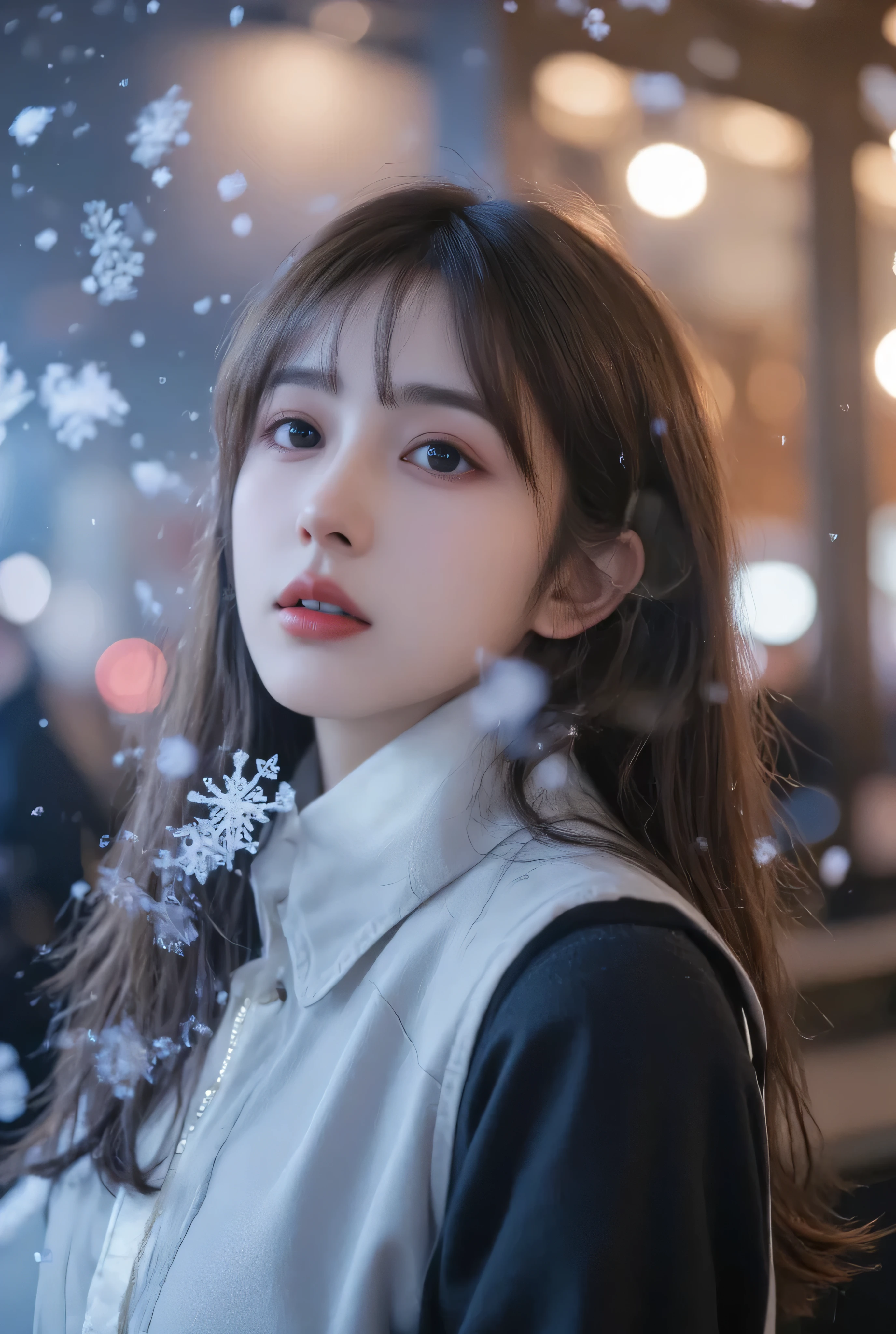 （masterpiece, best quality :1.2), winter,1 woman, [white breath] 、( Fantastic)Winter Festival 、 Snowflakes、❄️、cinematic lighting ,focus on her face,background blur,  fantastic
