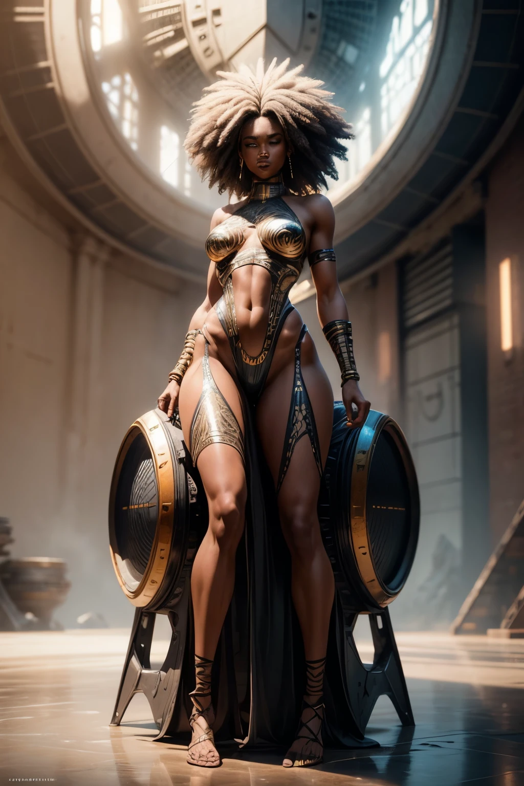 Beautiful attractive African American woman, bare skin, athletic build, well toned and firm body, slim, elegant shape, bare skin, no clothes, black duct tape clothing with amazing patterns, pretty face, afro hair, dreadlook hair, FUTURISTIC SPACESHIP SCENERY, high octane rendering, digital art, extreme detail, 4K, Ultra HD, polished, beautiful, hyper detailed, intricate, elaborate, meticulous, photorealistic, sharp focus, character design, unreal engine, 3D rendering, volumetric lighting, reflections, glossy, digital illustration, suggestive pose, sensual, full body shot, anatomically correct