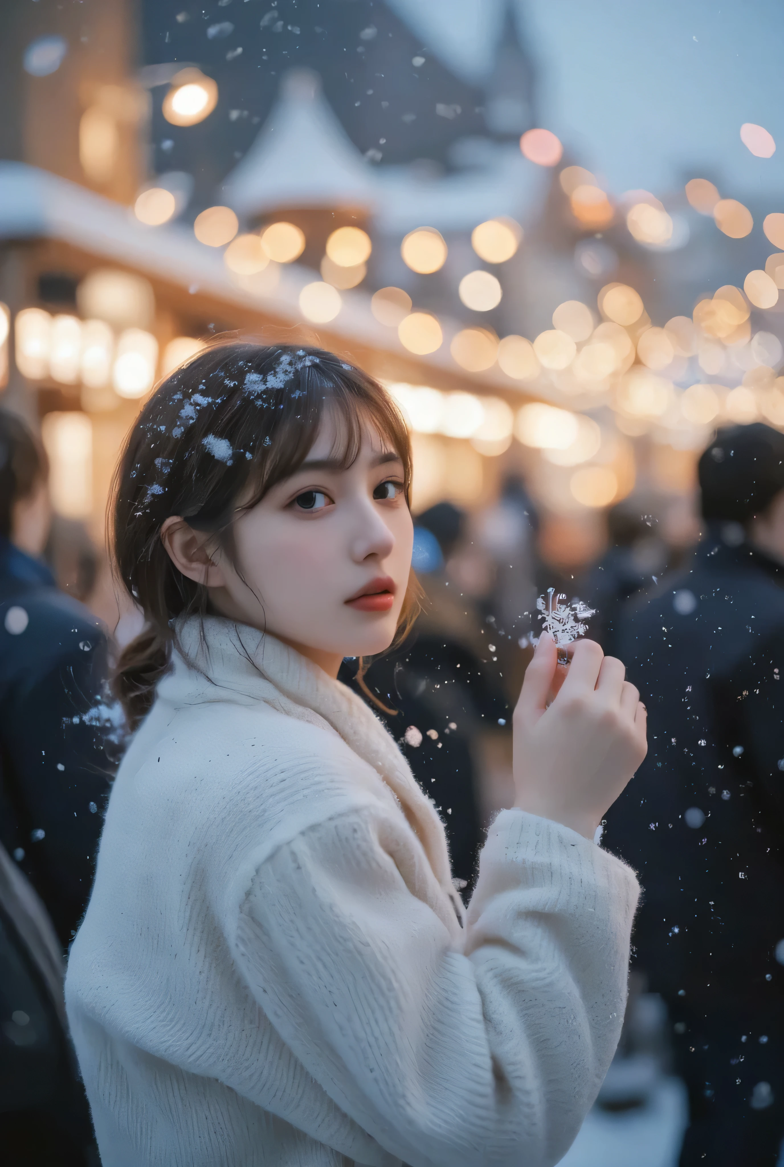 （masterpiece, best quality :1.2), winter,1 woman, [white breath] 、( Fantastic)Winter Festival 、 Snowflakes、❄️、cinematic lighting ,focus on her face,background blur,  fantastic