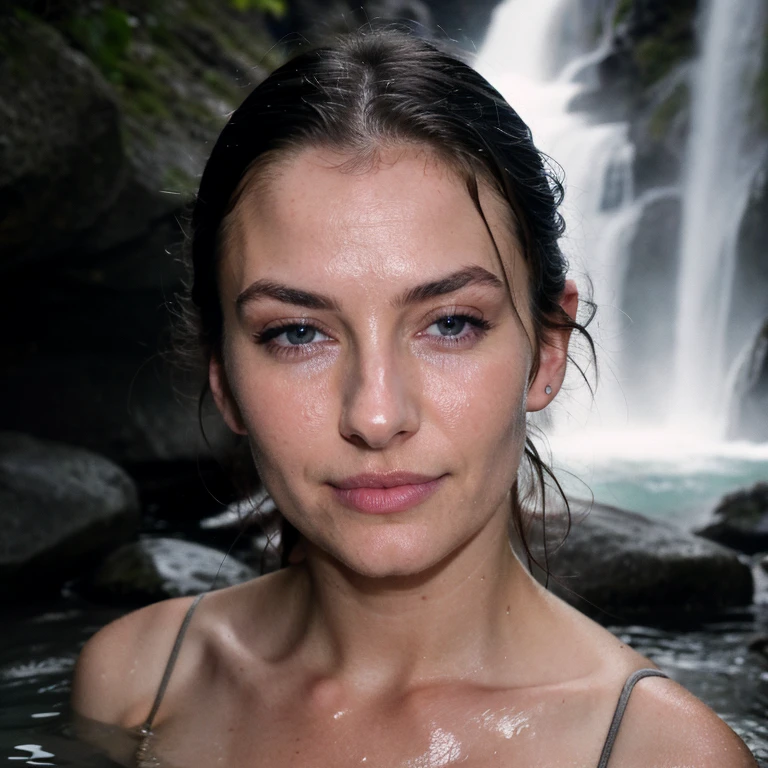 Night scene, close-up photo of lovely girl in thong, small breasts, bathing near the waterfall, body soaked in water, lean cheeks, wet hair, chin up, seductive face, no bra, stones, pure water, cleavage show, water on the body, realistic pores on the body, look up at the sky and smile, black ponytail hair, (blue eyes: 0.8), beautiful adult face, 20 yo, soft volumetric lights, (backlit: 1.3), (cinematic: 1.3), intricate details, (ArtStation: 1.2)