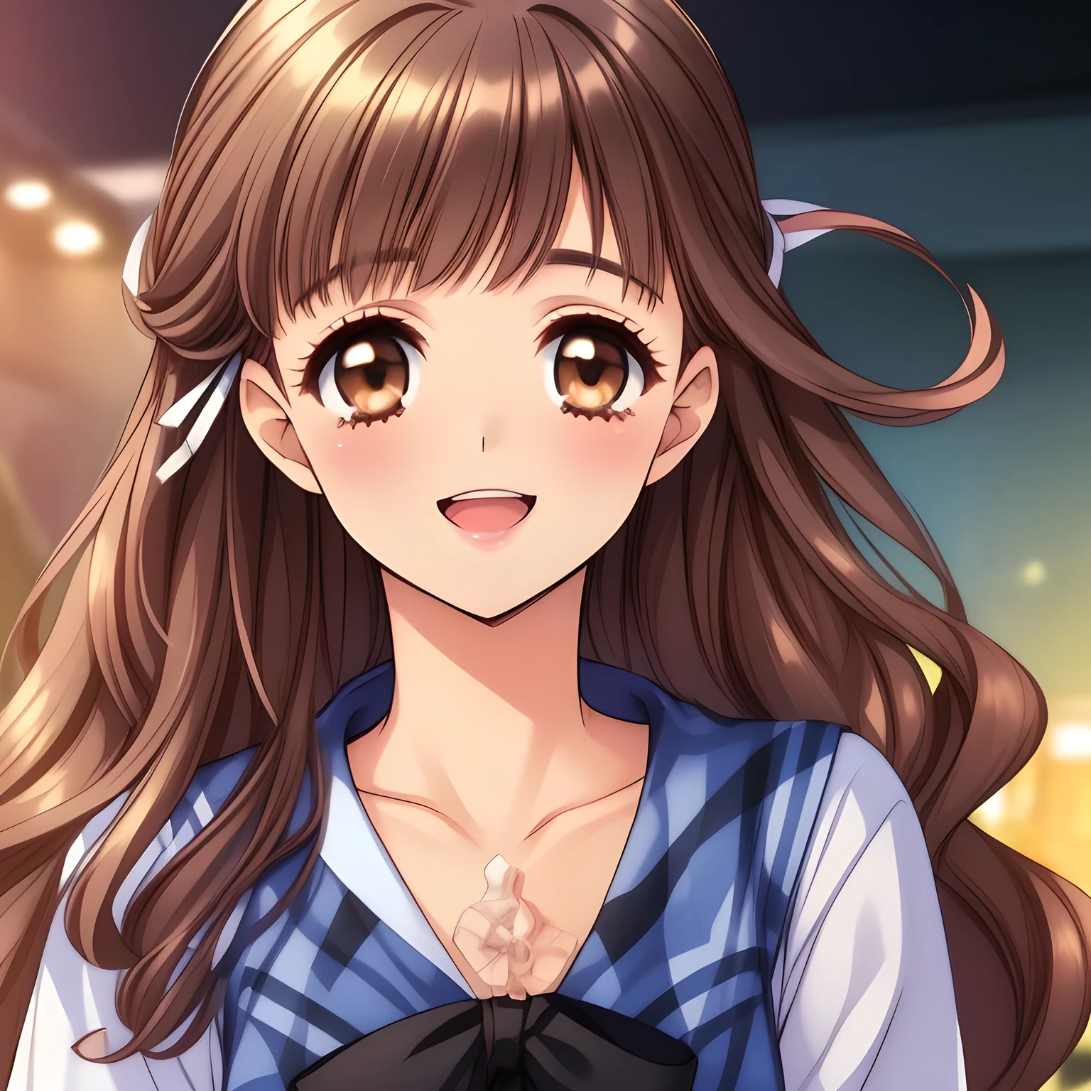(highest quality, masterpiece:1.2), highest quality, High resolution, 1080p, 8K, Height: 160cm, (A beautiful girl, just won the National beautiful girl Grand Prix, smart and slender, too flattering smile, amazingly neat & clean, in peace and neat lovely strong charm, face up, tilted head: 1.8), (Too noble beautiful lady like a love-story comic heroine), (laugh in bliss), (Whispering the viewer's subliminal desire secretly to hypnotize the viewer), A very lovely, very noble, pretty and pure beautiful girls. ((Bursting out Laughing very elegantly)), Using expensive whitening cosmetics by cosmetics artist: 1.2), A face that everyone loves, Glossy lips, shorter even (curled) bangs, (Too beautiful blue fascinating shiny (double-lidded) (brown eyes) with love to the viewer, ((deep upper eyelid)), with detailed clearly (like girlish comics beautiful lovely heroine): 1.5), ((Black long Hair)), ((long amazingly beautiful (wavy) long hair: 1.5)), (Sailor-style school uniform, Neat smart (white blouse)): 1.5), (A long, very neat, (tartan-checkered pleated blue skirt with belt): 1.2), (too pretty shiny light-yellow realistic school ribbon): 1.5), (Extremely lustrous, shiny game heroine lips, laughing open mouth: 0.8), (Ribbon in (black hair), The ribbon is big and very pretty, Beautiful black wavy hair like a hair model), (Tight waist, slender like a beautiful fashion model, all the high-school student ladies admire their style: 1.5), (The background is (plain black space with loves) to emphasize their fascination: 1.6), (The lady knows well about the viewer's super fetishism for school uniforms, inviting the viewer into uniform dream of succubus, and satisfies it completely with her hands and skirts and (laughter giving extreme pleasure) deeply (in the viewer's clear lewd dream): 1.6), (beautiful expensive gorgeous atmosphere which the viewer can't stop being lustful: 1.5)