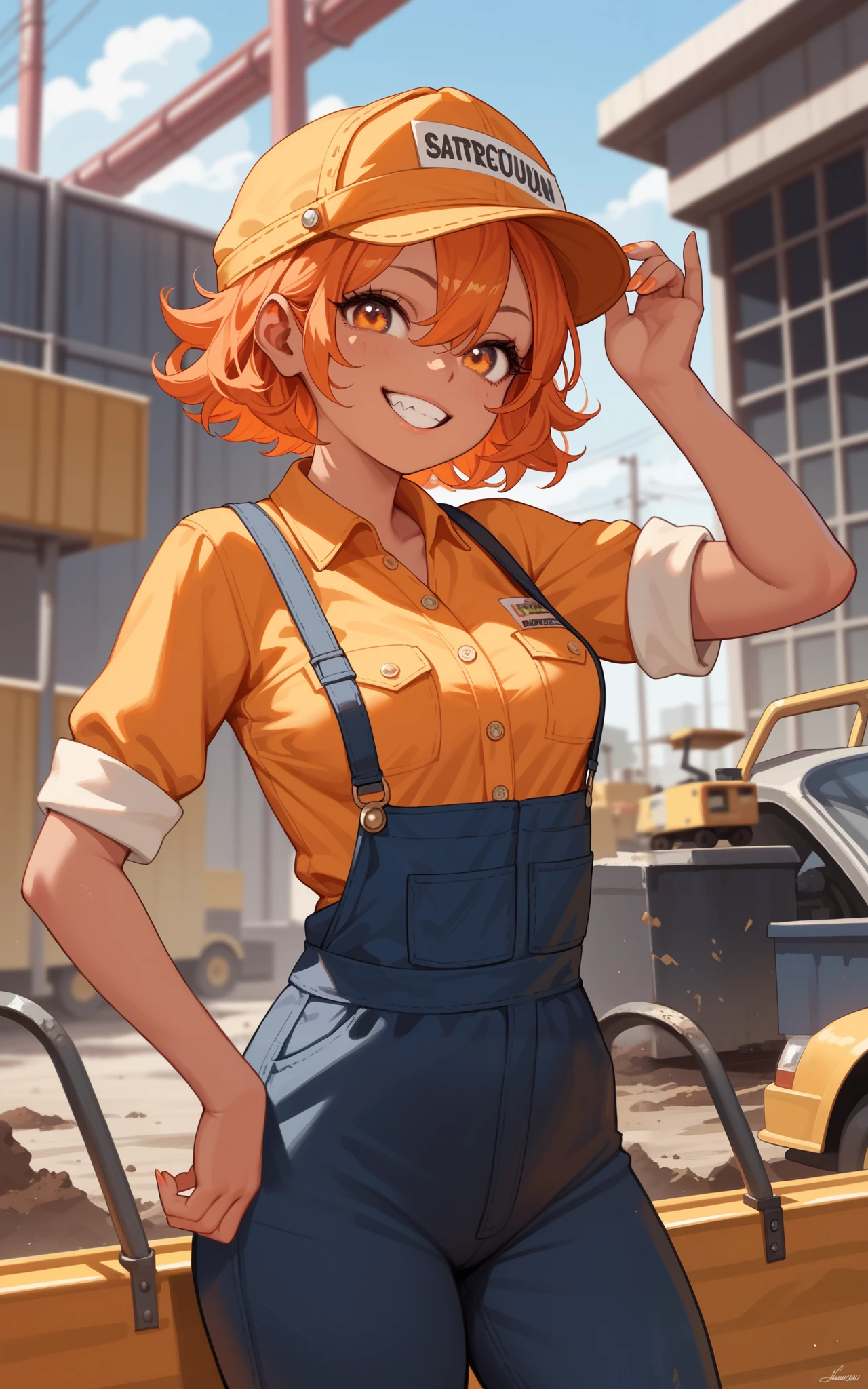 female, orange hair, hair between eyes, flipped hair, short hair, orange eyes, at a construction site, construction worker outfit, Smile, jagged teeth, Small Breasts, tan skin,