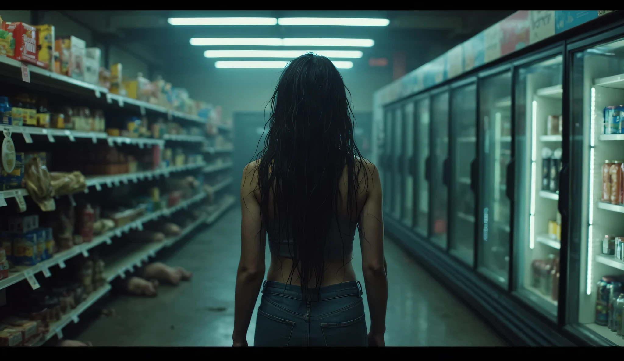 sexy woman standing wearing leggings with hypnotized spiral eyes and her mind controlled by  beside her and holding remote control in toy shop