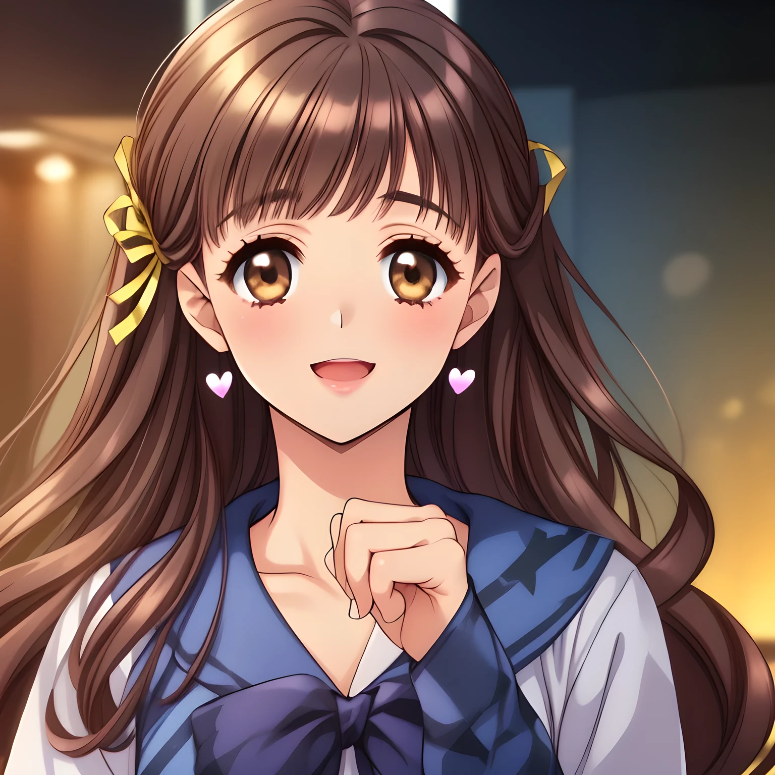 (highest quality, masterpiece:1.2), highest quality, High resolution, 1080p, 8K, Height: 160cm, (A  beautiful girl, just won the National beautiful girl Grand Prix, smart and slender, too flattering smile, amazingly neat & clean, in peace and neat lovely strong charm, face up, tilted head: 1.8), (Too noble beautiful lady like a love-story comic heroine), (laugh in bliss), (Whispering the viewer's subliminal desire secretly to hypnotize the viewer), A very lovely, very noble, pretty and pure beautiful girls. ((Bursting out Laughing very elegantly)), Using expensive whitening cosmetics by cosmetics artist: 1.2), A face that everyone loves, Glossy lips, shorter even (curled) bangs, (Too beautiful blue fascinating shiny (double-lidded) (brown eyes) with love to the viewer, ((deep upper eyelid)), with detailed clearly (like girlish comics beautiful lovely heroine): 1.5), ((Black long Hair)), ((long amazingly beautiful (wavy) long hair: 1.5)), (Sailor-style school uniform, Neat smart (white blouse)): 1.5), (A long, very neat, (tartan-checkered pleated blue skirt with belt): 1.2), (too pretty shiny light-yellow realistic school ribbon): 1.5), (Extremely lustrous, shiny game heroine lips, laughing open mouth: 0.8), (Ribbon in (black hair), The ribbon is big and very pretty, Beautiful black wavy hair like a hair model), (Tight waist, slender like a beautiful fashion model, all the high-school student ladies admire their style: 1.5), (The background is (plain black space with lovely heart stars) to emphasize her fascination: 1.8), (The lady knows well about the viewer's super fetishism for school uniforms, inviting the viewer into uniform dream of succubus, and satisfies it completely with her hands and skirts and (laughter giving extreme pleasure) deeply (in the viewer's clear lewd dream): 1.6), (beautiful expensive gorgeous atmosphere which the viewer can't stop being lustful: 1.5)