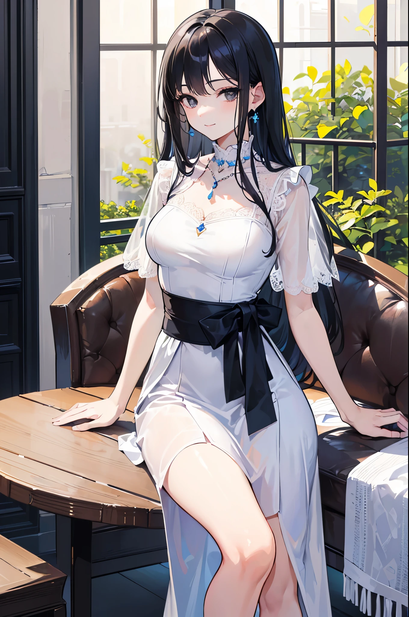 ((Highest quality)), ((masterpiece)), (detailed) ,Cowboy Shot, 黒髪Long Hair {{{slitの入ったロングスカート}}} Contemporary mature adult woman sitting in chair officeカジュアル{{{Slender female contemporary scholar}}}Exposing shoulders 深いslitの入った膝下スカート Long Hair {{{No sleeve}}}office {{{No sleeveボタンシャツ}}} belt slit watch Exposed arms