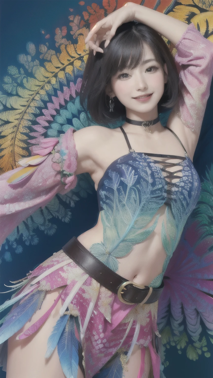 a woman with blue hair wearing a colorful outfit and a colorful background with paint splatters on it, by Hirohiko Araki,official art, unity 8k wallpaper, ultra detailed, beautiful and aesthetic, masterpiece, best quality, (zentangle, mandala, tangle, entangle), 1girl, extremely detailed, dynamic angle, cowboyshot, the most beautiful form of chaos, elegant, a brutalist designed, vivid colours, romanticism, by james jean, roby dwi antono, ross tran, francis bacon, michal mraz, adrian ghenie, petra cortright, gerhard richter, takato yamamoto, ashley wood, atmospheric, ecstasy of musical notes, streaming musical notes visible