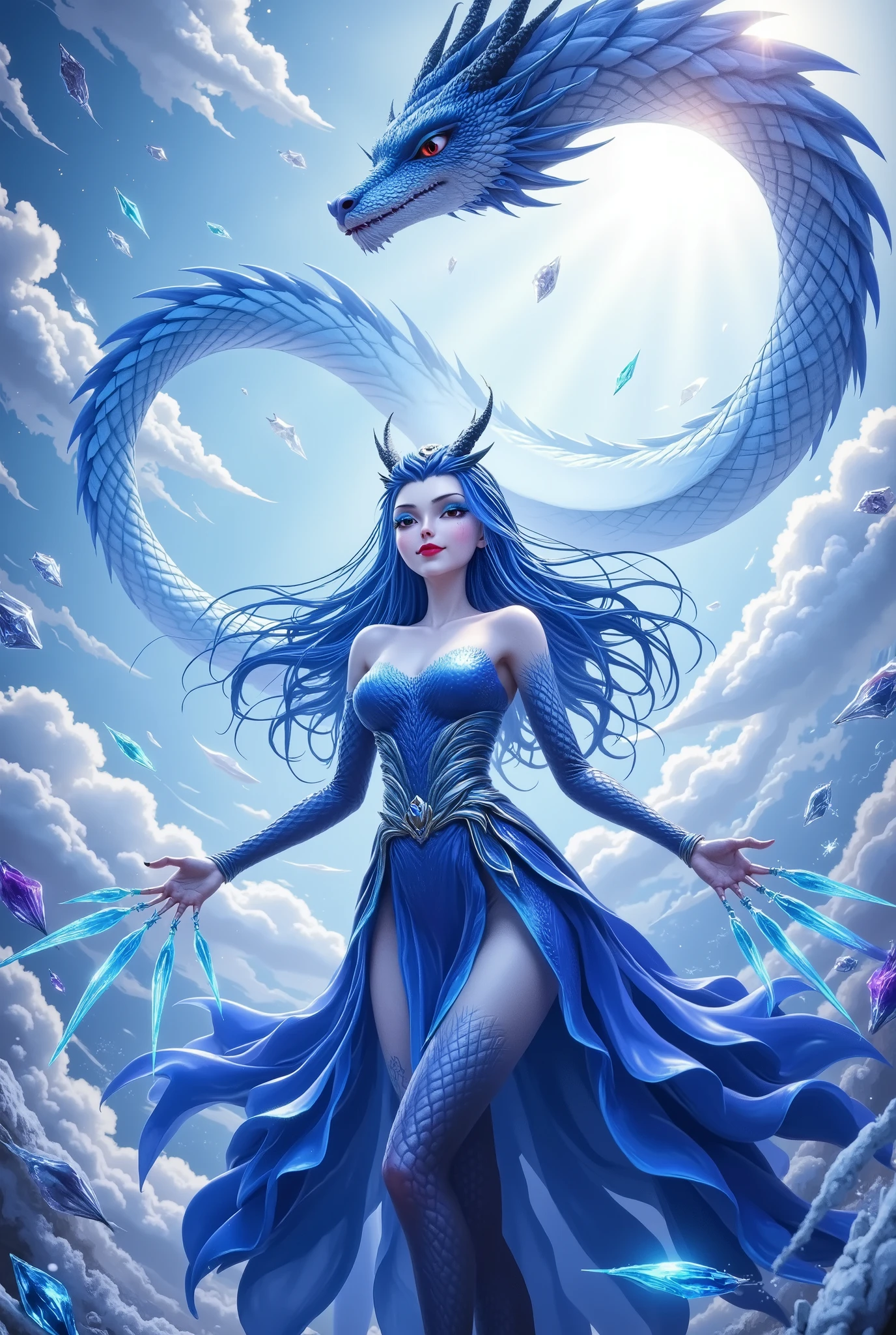  Noble and Elegant Dragon Princess，She will freeze magic， red eyes，Blue eyelashes，Dragon Horn。Prefer blue clothes。Dragon in the air。crystal darts，Examples of luminescence， ray tracing，Motion Capture。 Disney-style ，IG Model，Blue Elf,  Detailed Fantasy Art  ,  Fantasy Art Style,  Intricate Fantastic Digital Art 