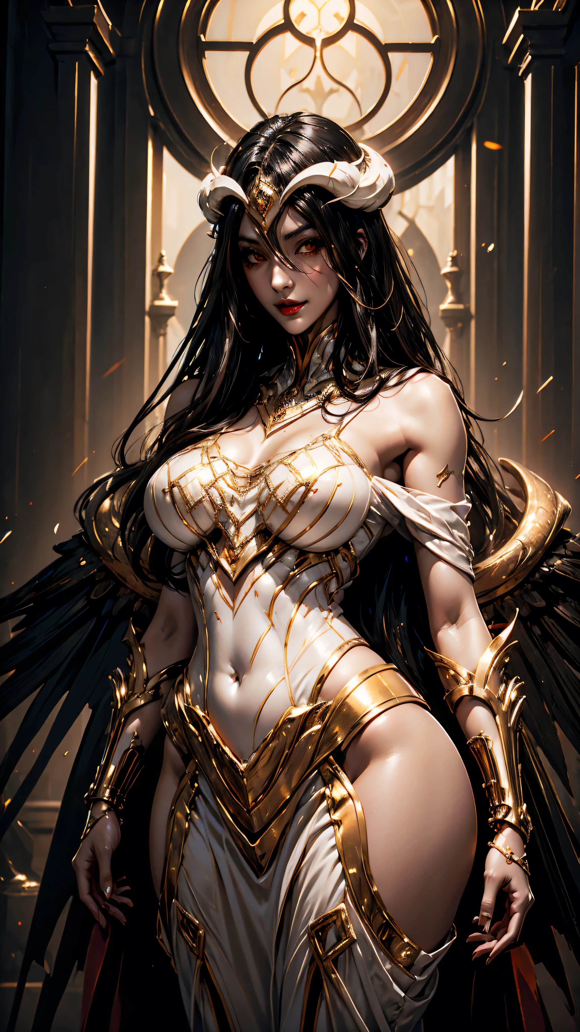 Buzz cut , perfect anatomy 1 girl tall solo, ((black skin:1.3)), slim thick, colored skin, ((muscular)) high dark elf toned body, silver breast pasties on nipples, metal silver cape, slendered abs, ((garter belt on hips)), midriff exposed, ((pressed cleavage:1.3)), hourglass waist, detailed face, defined cheekbones, puffy lips, gauntlets, (((tall gold crown))), shadow over eyes, looking at viewer, masterpiece, white thigh highs lingerie,