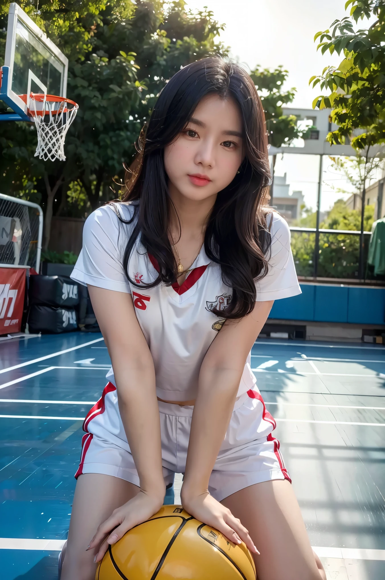 8k, masterpiece, RAW photo, best quality, photorealistic, extremely detailed CG unity 8k wallpaper, Depth of field, Cinematic Light, Lens Flare, Ray tracing, (extremely beautiful face, beautiful lips, beautiful eyes), intricate detail face, ((ultra detailed skin)), best quality, Masterpieces, Super high resolution, (photograph realistic:1.5), Original image, 1 girl, sexy look, big , cleavage, show her six pack abs, big hips, big thighs, bend over pose, wavy and long hair,Wear Basket ball uniform, In the basket ball court.