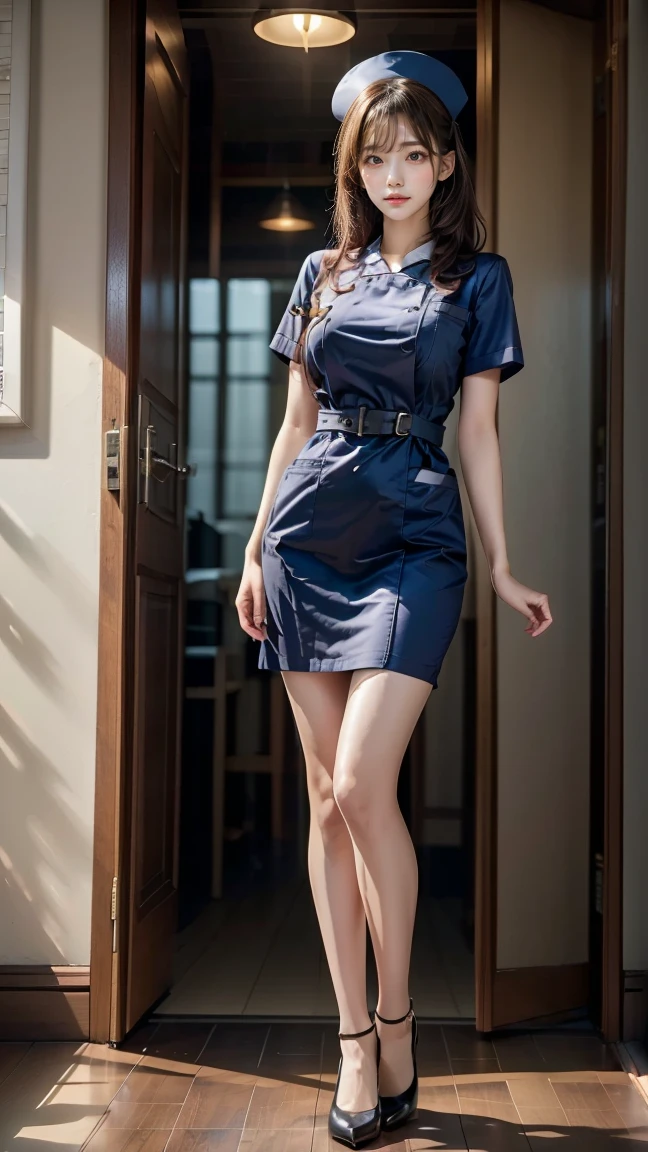 1girl, (best quality, masterpiece, ultra-high resolution, 4K, HDR, UHD, 64K, official art), (photorealistic:1.3, realistic:1.3),depth of field, indoors, (night:1.3), (dim light), (office:1.2, flower arrangement:1.2), (chair:1.3), long hair, dark brown hair, arms at sides, seductive pose, (wedge heels), (pantyhose), (sitting:1.4), (large breasts), (solo_focus:1.2), looking_at_viewer,(fit and petite body, busty), (curvy:1.2), (crossed legs),