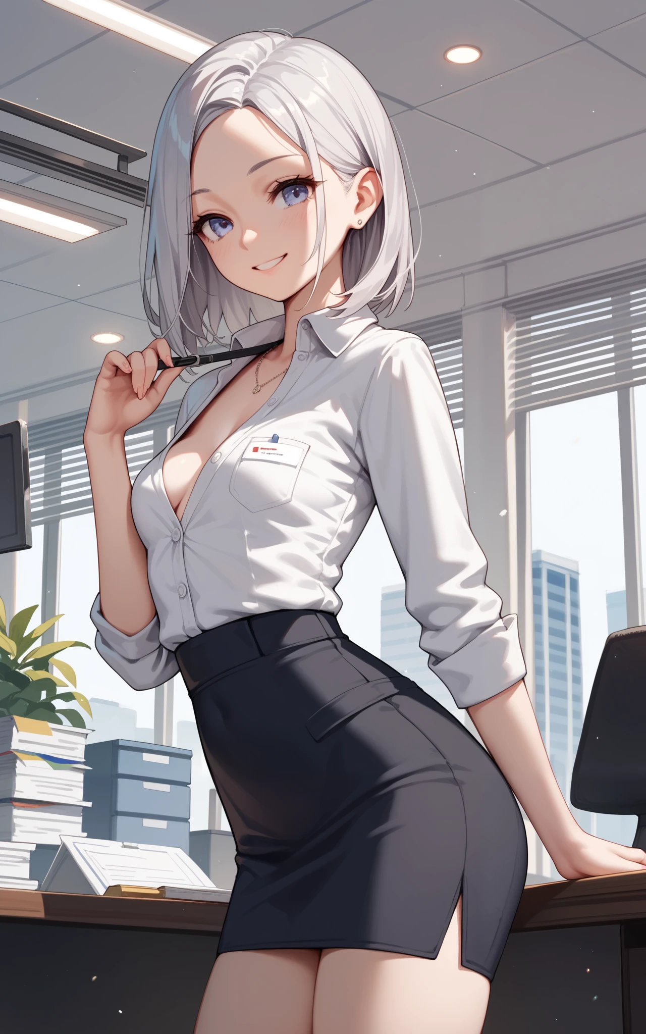 1girl, table humping, crotch rub, white shirt, pencil skirt,
office, white panties, skirt lift, lanyard, table, lifting, multiple boys,suggestive fluid,, masterpiece, best quality, highly detailed, short gray hair