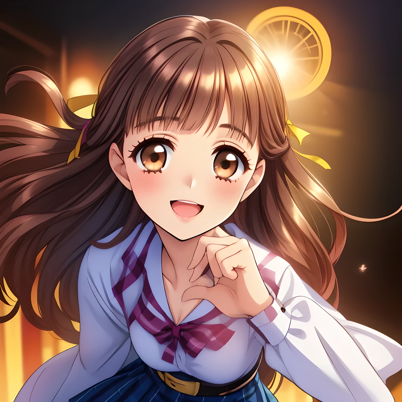 (highest quality, masterpiece:1.2), highest quality, High resolution, 1080p, 8K, Height: 160cm, (A yo beautiful fashion model girl, just won the National beautiful uniform model Grand Prix, (smart and slender body style), too flattering smile, amazingly neat & clean, in peace and neat lovely strong charm, face up, tilted head: 1.8), (Too noble beautiful lady like a love-story comic heroine), (laugh in bliss), (Whispering the viewer's subliminal desire secretly to hypnotize the viewer), A very lovely, very noble, pretty and pure beautiful girls. ((Bursting out Laughing very elegantly)), Using expensive whitening cosmetics by cosmetics artist: 1.2), A face that everyone loves, Glossy lips, shorter even (curled) bangs, (Too beautiful blue fascinating shiny (double-lidded) (brown eyes) with love to the viewer, ((deep upper eyelid)), with detailed clearly (like girlish comics beautiful lovely heroine): 1.5), ((Black long Hair)), ((long amazingly beautiful (wavy) long hair: 1.5)), (Sailor-style school uniform, Neat smart (white blouse)): 1.5), (A long, very neat, (tartan-checkered pleated blue skirt with belt): 1.2), (too pretty shiny light-yellow realistic school ribbon): 1.5), (Extremely lustrous, shiny game heroine lips, laughing open mouth: 0.8), (Ribbon in (black hair), The ribbon is big and very pretty, Beautiful black wavy hair like a hair model), (Tight waist, slender like a beautiful fashion model, all the high-school student ladies admire their style: 1.5), (The background is (plain black space with lovely heart stars) to emphasize her fascination: 1.8), (The lady knows well about the viewer's super fetishism for school uniforms, inviting the viewer into uniform dream of succubus, and satisfies it completely with her hands and skirts and (laughter giving extreme pleasure) deeply (in the viewer's clear lewd dream): 1.6), (beautiful expensive gorgeous atmosphere which the viewer can't stop being lustful: 1.5)