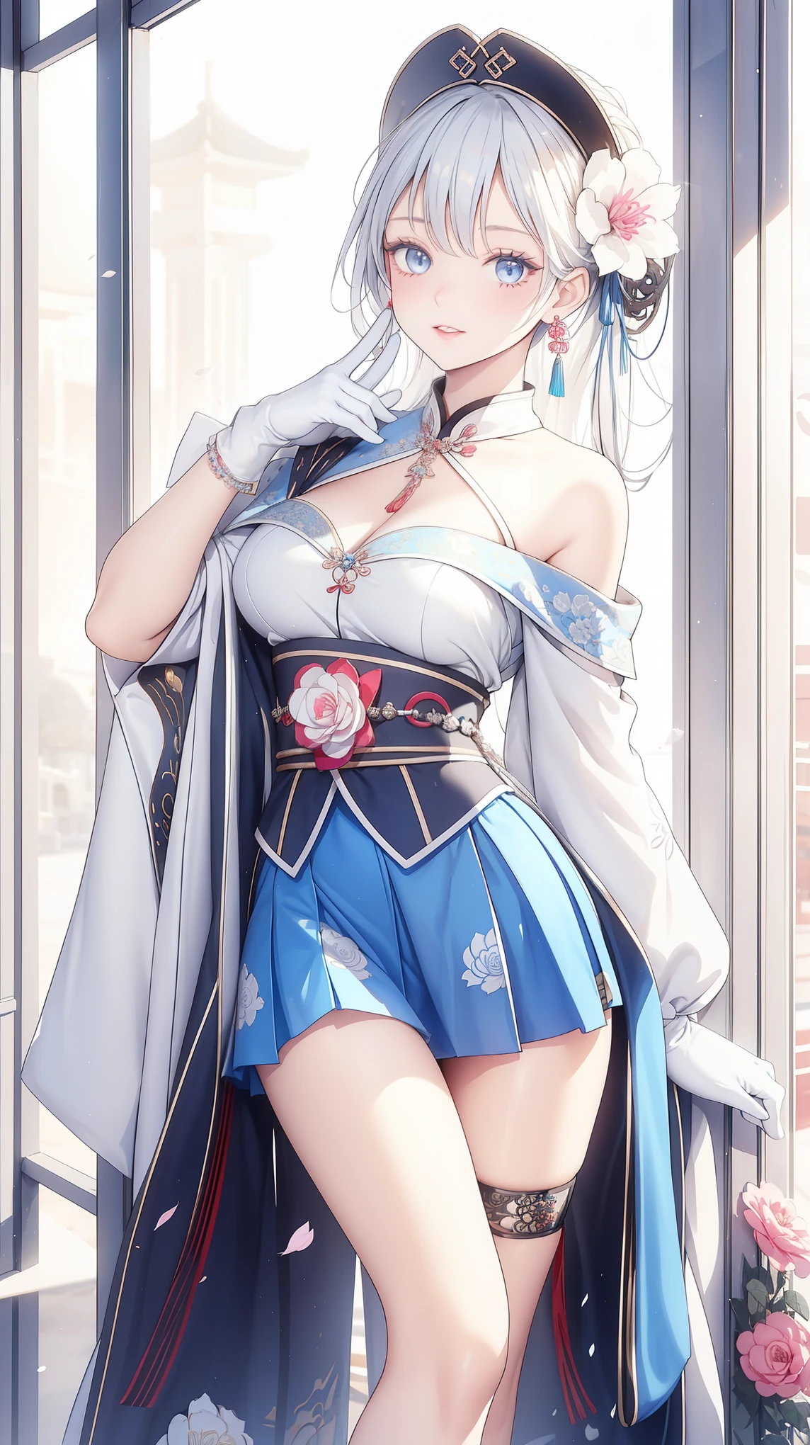 (masterpiece, best quality:1.2)((silver white hair))((violet eyes)),1girl,((eyes tilted outwards)), ((standing_fox_ears)),((fluffy_fox_tail)), milf,averting_eyes,basic_blue_hairpin,bob_hair,short_hair, (medium breasts), vtuber_outfit