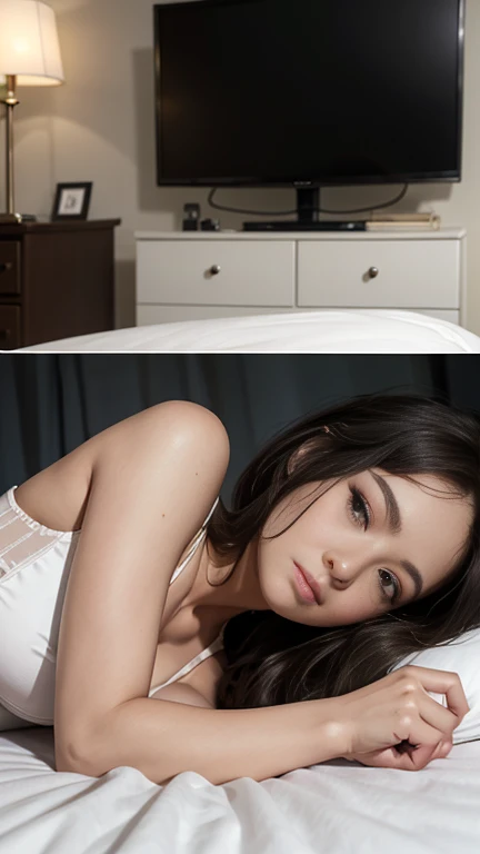 there is a woman in a white bra lying on the bed, she is in bed in a bikini. 1990s bedroom, posando na cama.. Mulher com branco, pele bronzeada e cabelo castanho escuro. pernas bem torneadas, obra de arte, alta qualidade, foto clara, high resolution, 8K.