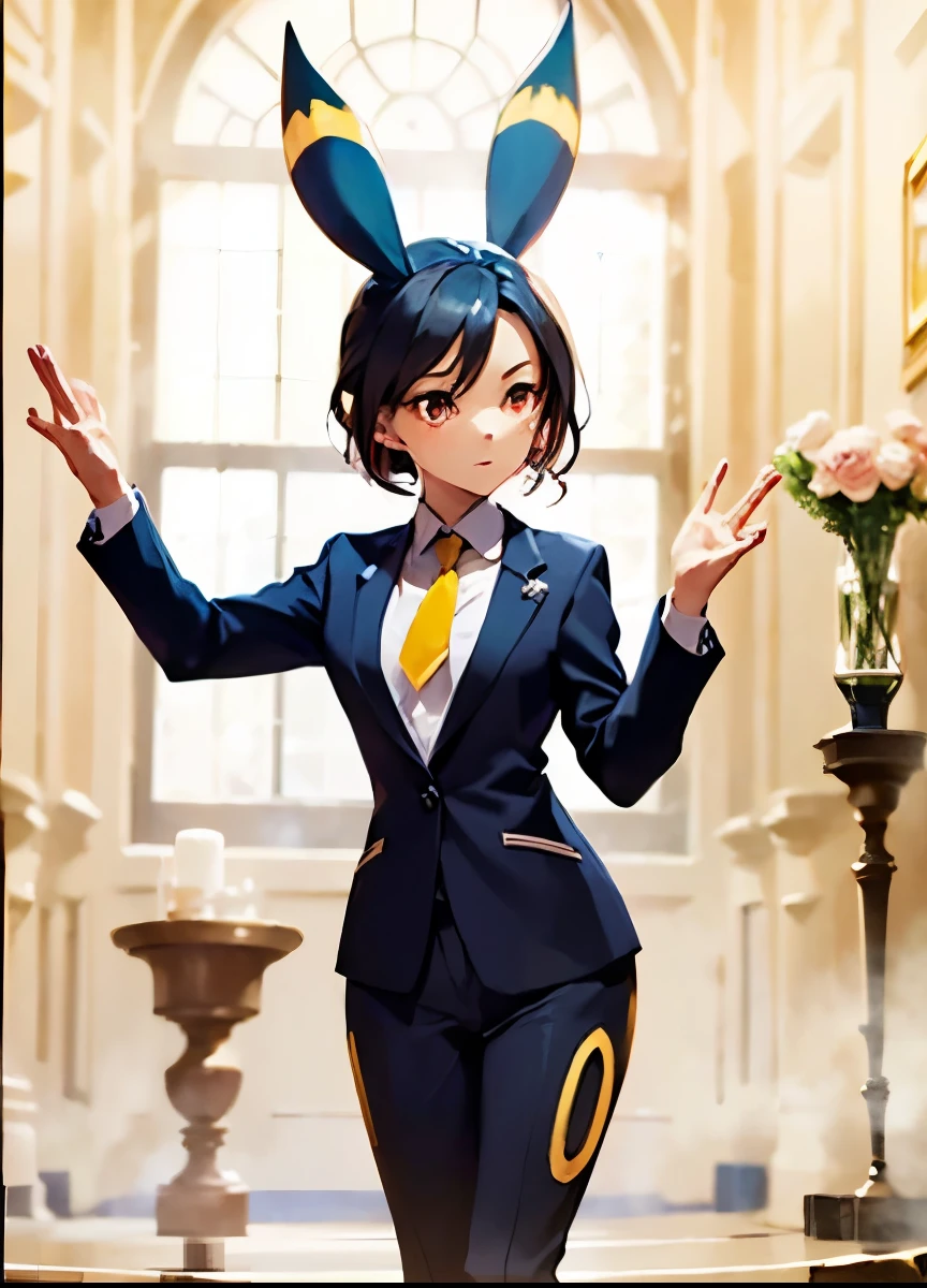  A dramatic wedding scene on a majestic gothic-romantic altar ,  with an anime-style woman standing confidently under a soft golden light that filters through a frosted glass window.  She has jet black hair Pixie cut with shiny texture ,  vibrant red eyes that shine slightly , ears similar to those of an Umbreon  ( with a horizontal yellow stripe ),  a seductive smile and sharp facial features .  She wears a tight black suit with a white shirt ,  black jacket and black pants that highlight her slender waist and toned figure ,  along with a pastel pink silk tie .  The altar is decorated with white roses ,  ivy garlands and crystal chandeliers ,  with a soft haze near the floor and rays of golden light .  behind her,  a frosted glass window with heavenly patterns in deep blue and gold , and in the background,  blurry silhouettes of guests dressed in tag .  Petals of white and pale pink flowers float around the scene ,  creating a romantic and slightly gothic atmosphere .