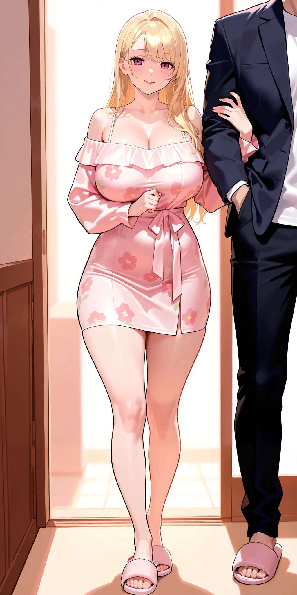 An extremely beautiful woman with blonde hair. She has extremely fair white natural skin, red plump lips, big pink eyes, and a perfect sexy curvy body. She's wearing a short revealing loose pink floral dress with spaghetti straps, a yellow front-open sweater worn in an off-shoulder style, and slippers. She's standing straight, hands joined together, cute smiling expression, holding her husband's arm lovingly, and a street in the background, show full body.