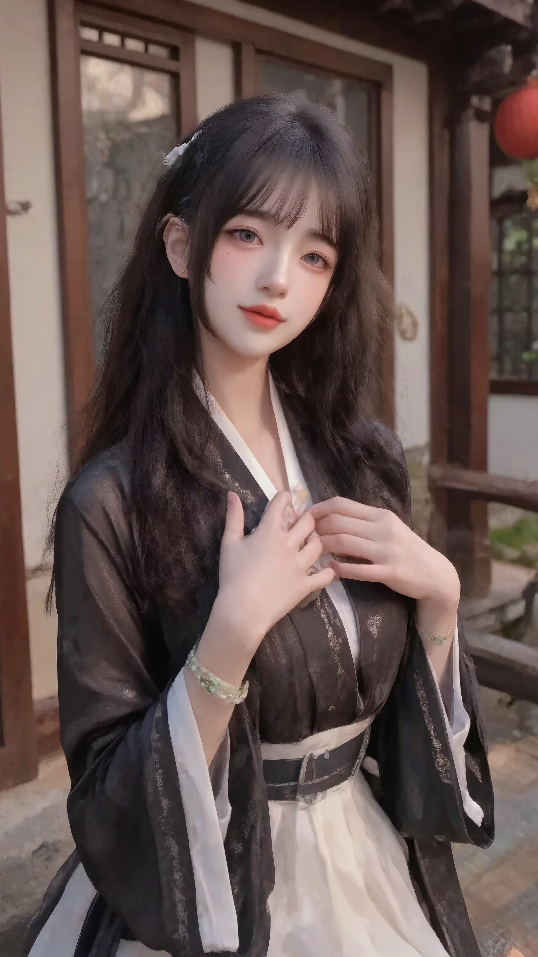  super detailed: 1.5,  high resolution,  sharp focus: 1.5,  highest quality,  high quality , Realism, Dim lighting : 1.2, Depth of Field, Bokeh, 
 Beautiful Detailed Face ,  fair skin: 1.2, Oval face, black natural curly hair， Air Bangs,  purple eyes, Bright red lipstick,  red eyeshadow, Natural neck length,  Beautiful Hands ,  Perfect Fit,  anatomically correct ,  Hetian jade lucky bracelet，
  Detailed Cloth Texture , Detailed hair textures, E-mask, raised chest，
whole body,   dynamic pose,  looking at the camera, Innocent smile，
 soft natural light， Black Hanfu，white translucent skirt，Standing outside an ancient mountain villa