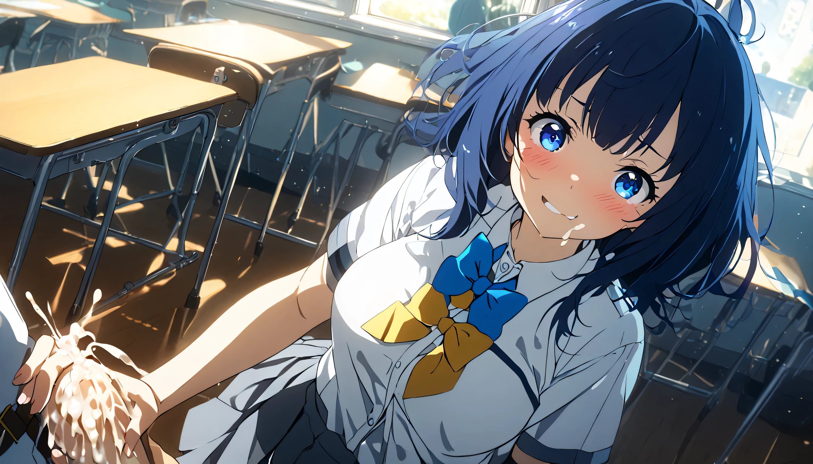 NSFW,NFSW,NSFW ,(((1girl,1boy,handjob,cum face ))), Black school uniform, decorated panties,( blushing ), Mid-chest ,( Masterpiece),( top quality ),(S uper detailed),( Best Illustrations),( Best Shadow ),( absurd),( detailed face), looking at viewers , shiny skin ,classroom, orbital space,sunlight,( happy),([Good smile),green, full body,score_9, score_8_ up, score_7_ up, source_Anime , Anna Yanami , medium hair , blue eyes, stupid hair, Lantern, Medium Boobs , skirt by humili, shirt, bow, school uniform, white shirt, SHORT SLEEVE, pleated skirt by humili, bow tie, yellow bow, gray skirt by humili, yellow bow tie, blue bow, blue bow tie, cowboy shot, Dutch angle
