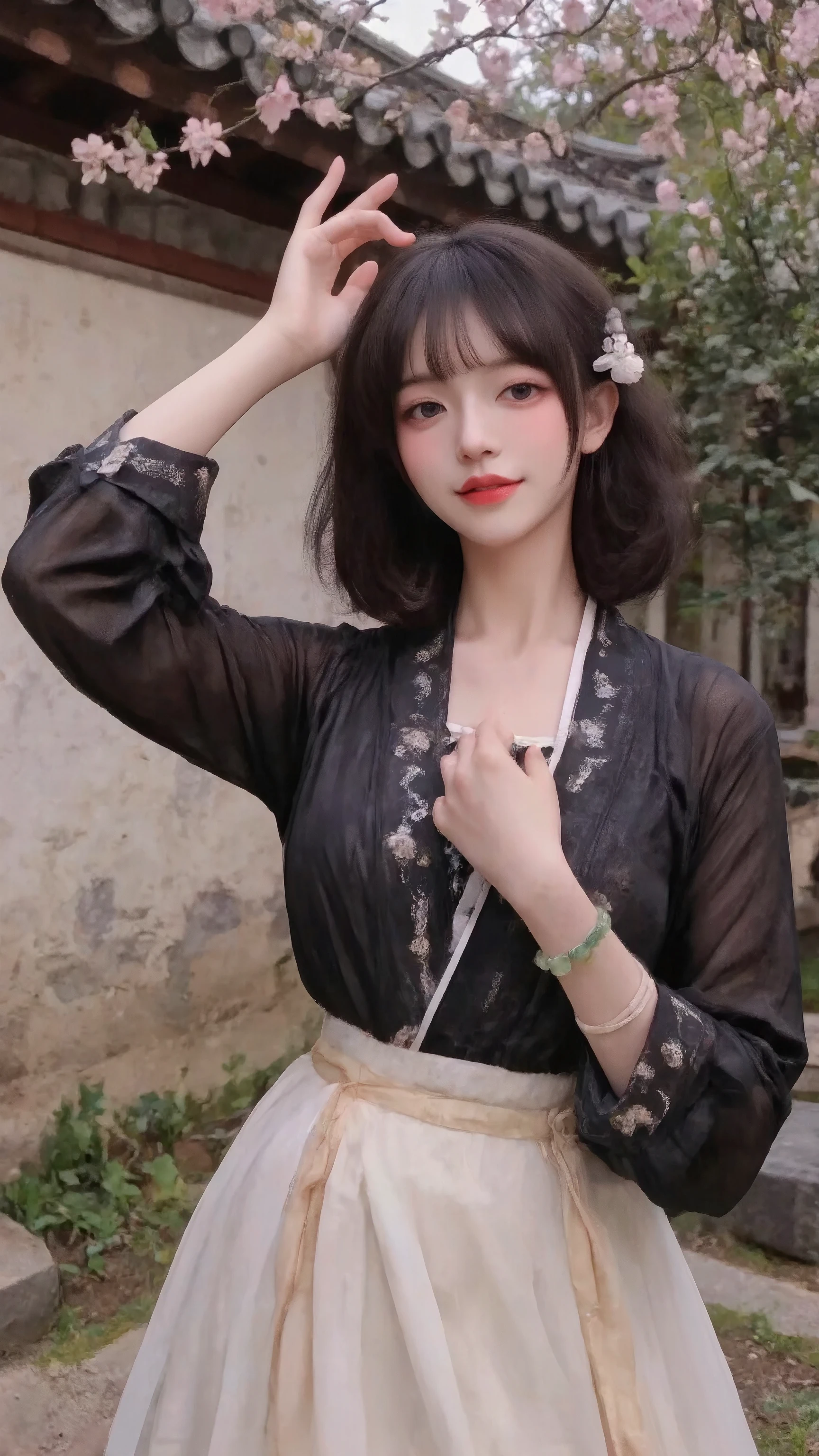 super detailed: 1.5, high resolution, sharp focus: 1.5, highest quality, high quality , Realism, Dim lighting : 1.2, Depth of Field, Bokeh,
Beautiful Detailed Face , fair skin: 1.2, Oval face, black natural curly hair, Air Bangs, purple eyes, Bright red lipstick, red eyeshadow, Natural neck length, Beautiful Hands , Perfect Fit, anatomically correct , Hetian jade lucky bracelet,
Detailed Cloth Texture , Detailed hair textures, E-mask, raised chest,
whole body, dynamic pose, looking at the camera, Innocent smile,
soft natural light, Black Hanfu,white translucent skirt,Standing outside an ancient mountain villa