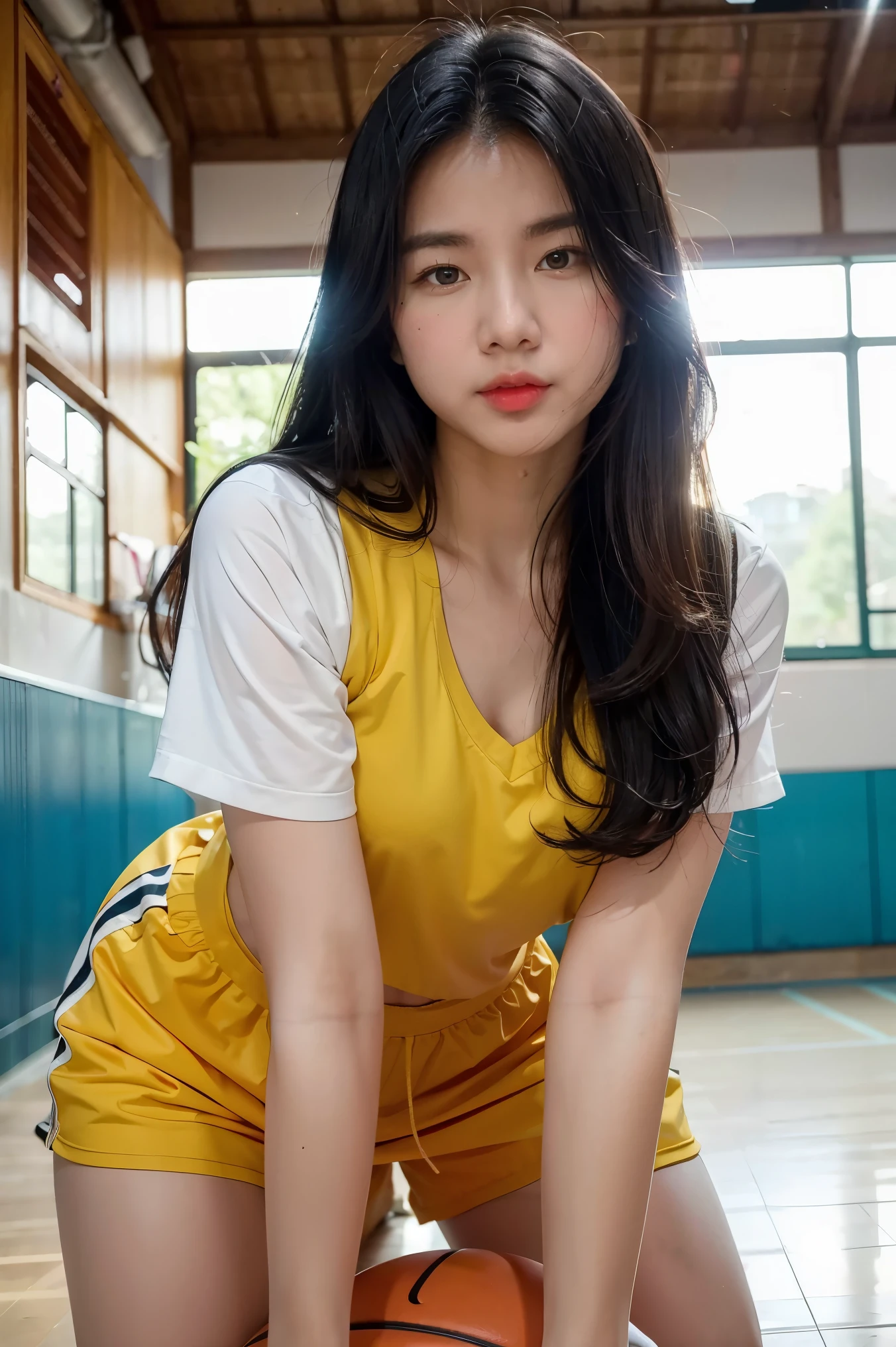 8k, masterpiece, RAW photo, best quality, photorealistic, extremely detailed CG unity 8k wallpaper, Depth of field, Cinematic Light, Lens Flare, Ray tracing, (extremely beautiful face, beautiful lips, beautiful eyes), intricate detail face, ((ultra detailed skin)), best quality, Masterpieces, Super high resolution, (photograph realistic:1.5), Original image, 1 girl, sexy look, big , cleavage, show her six pack abs, big hips, big thighs, bend over pose, wavy and long hair，Wear Basket ball uniform, In the basket ball court.