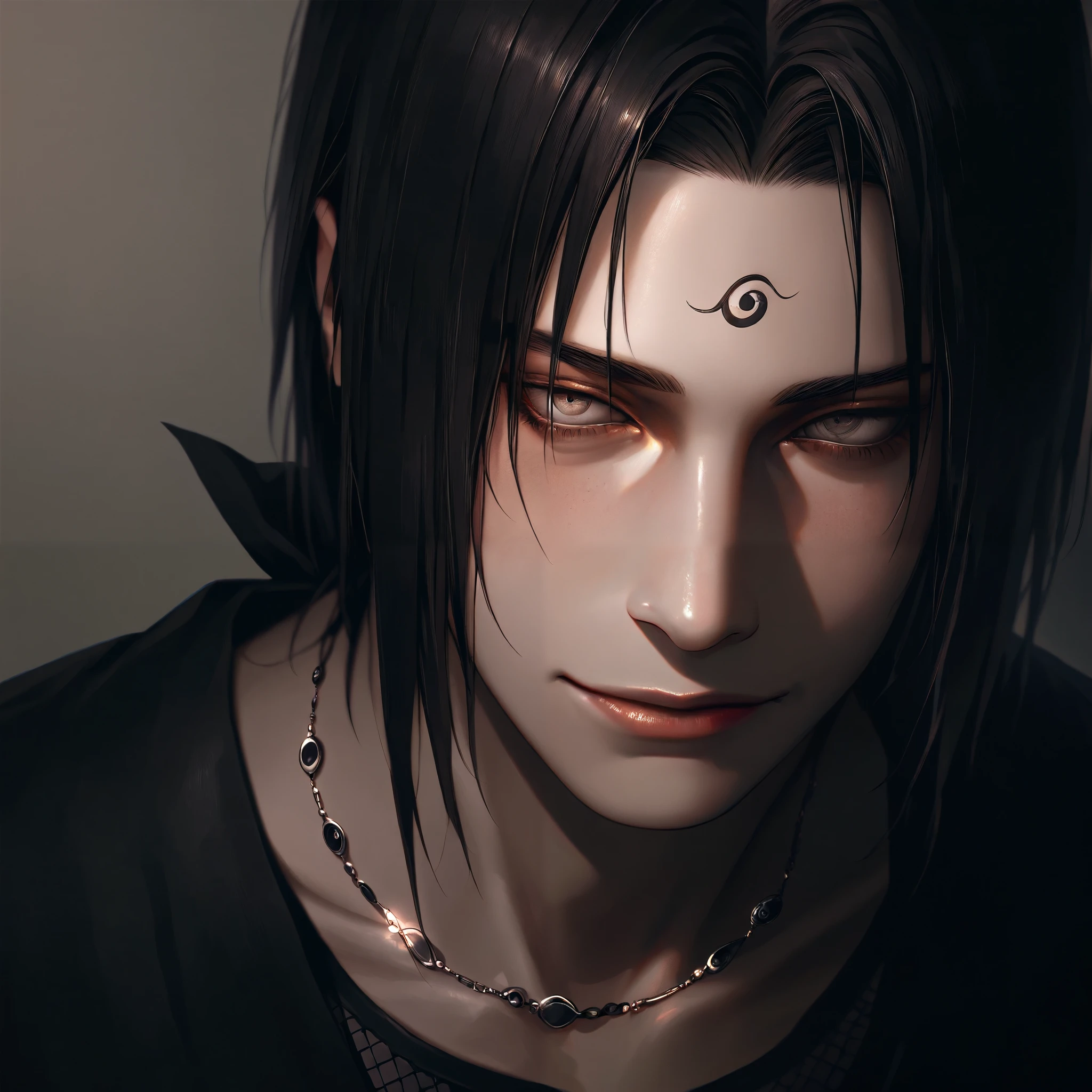 "Create a highly detailed, realistic image of Itachi Uchiha from the Naruto series. He should be shown in a serene environment, with a gentle smile on his face. His eyes should be calm and peaceful, with a hint of sadness. He should be placing his finger on Sasuke's forehead, as if imparting a final lesson or blessing. Itachi's face should be pale and gaunt, with a subtle hint of exhaustion and weariness. The image should be rendered in a muted color palette, with soft lighting and subtle shadows. Focus on capturing the emotional depth and complexity of Itachi's character in this poignant moment."