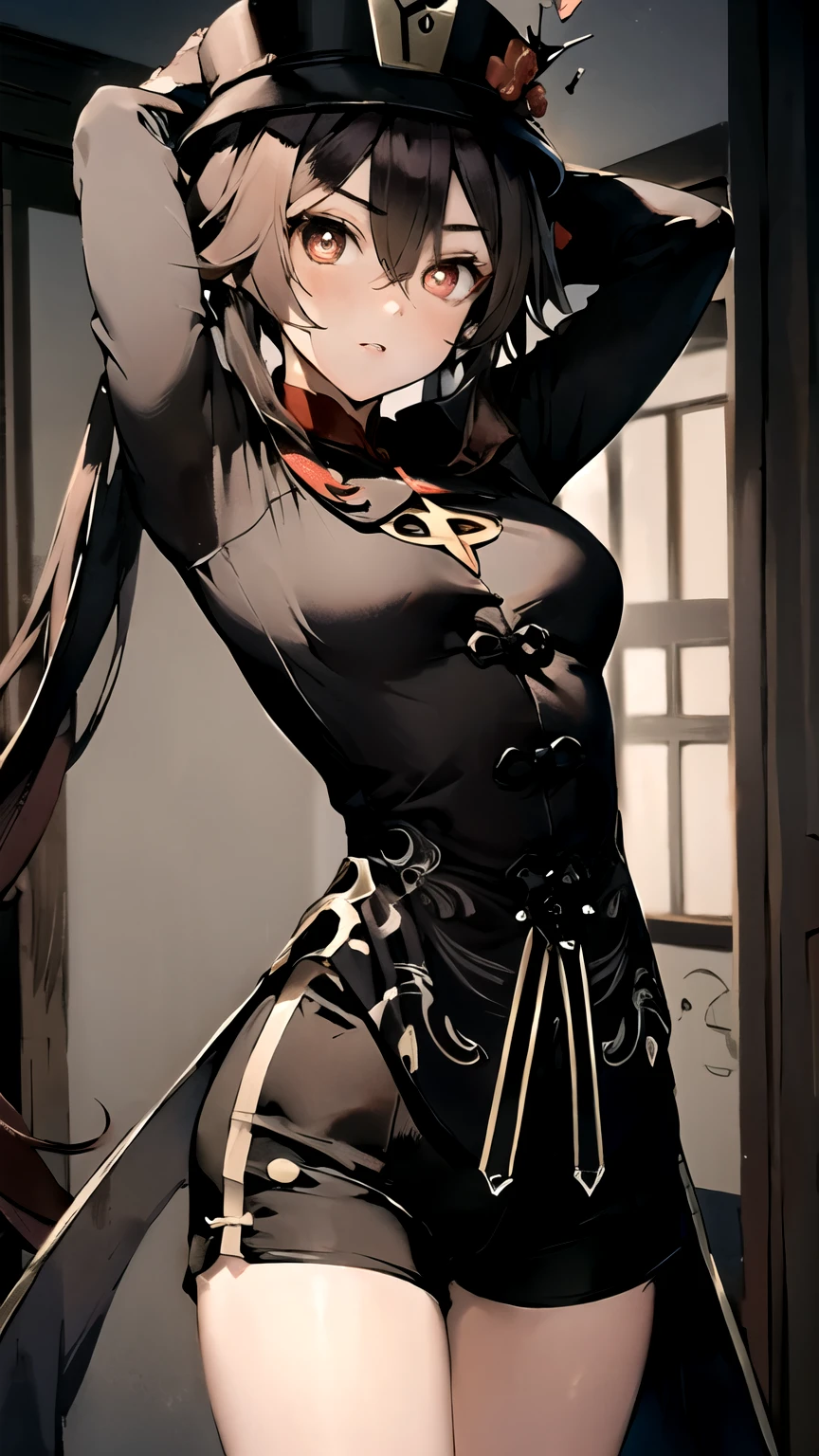 ((masterpiece,best quality)), {DATE_artstyle_LoRA : Manga_Style} {horror_edit : creepy_room_aura} {} {hu tao (genshin impact), , red eyes, twintails, brown hair, symbol-shaped pupils, long hair,bangs, perfectly_small_shape_breast : perfectly_slender_body : : } { hat, black shorts , chinese clothes } { } {standing_still : discipline } { no_emotion : hypnotic_eyes : hypnotized_eyes } { sweating } { arm_behind_head } : dark room : messy }