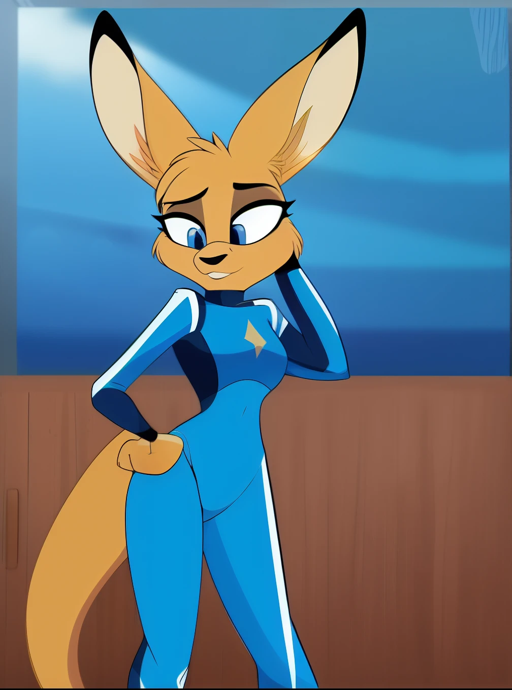 An animated character named Kayla Christling that appears to be a kangaroo. The character has a golden-yellow fur coat, large pointed
ears, and bright blue eyes. Wearing Ace Storm blue supersuit from the 1980’s. Full body view. Standing, by vivzmind, (best quality, masterpiece:1), detailed,