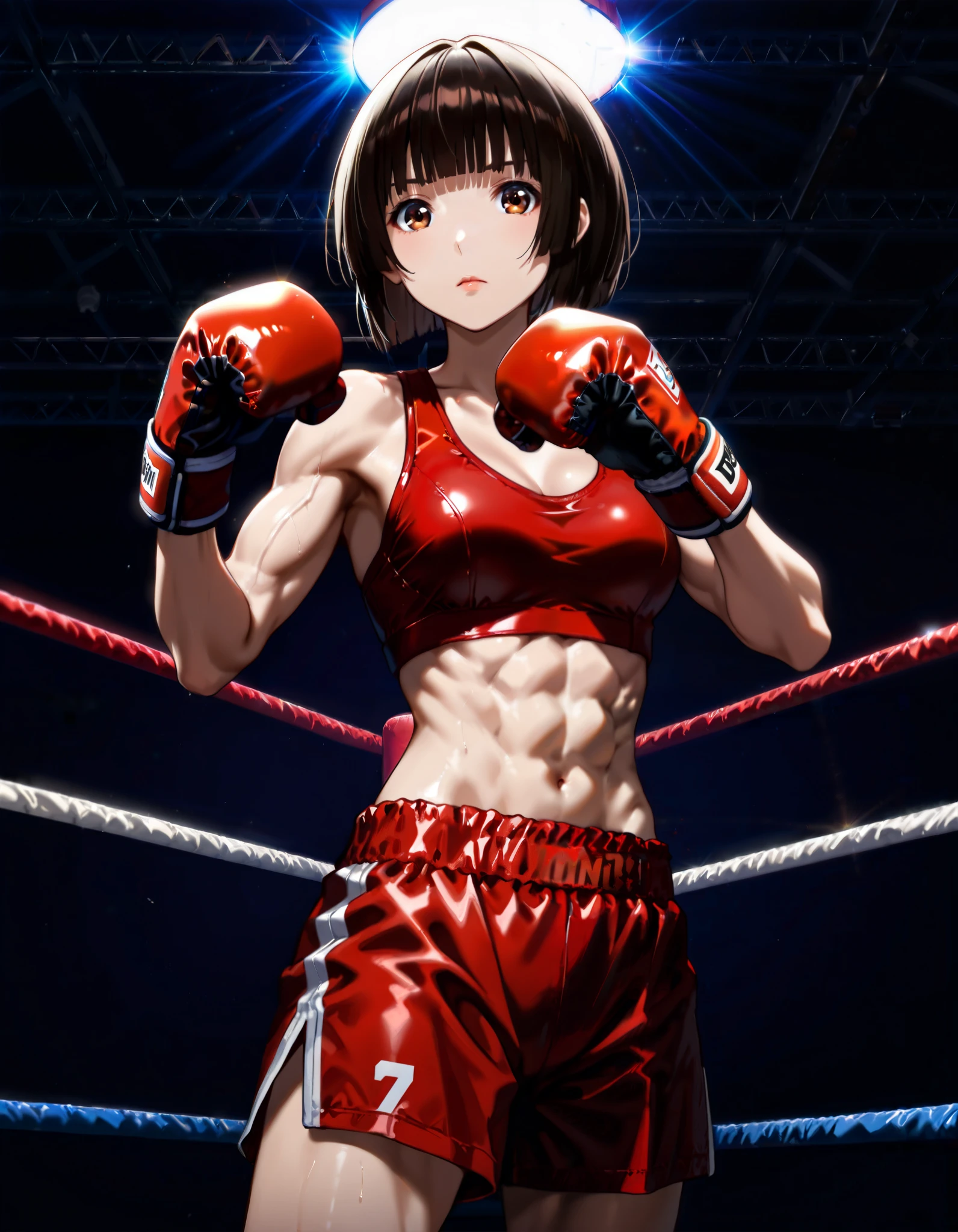 score_9, score_8_up, score_7_up, hoshijiro-shizuka, (1girl, solo), (front view, cowboy shot), (black short hair, bob cut, blunt bangs), brown eyes, (red boxing gloves, red boxing bra, red boxing shorts), Abdominal muscles, fighting pose, (glare, looking at viewer:1.1), (standing in the boxing ring, dark background, spot lighting from ceiling)