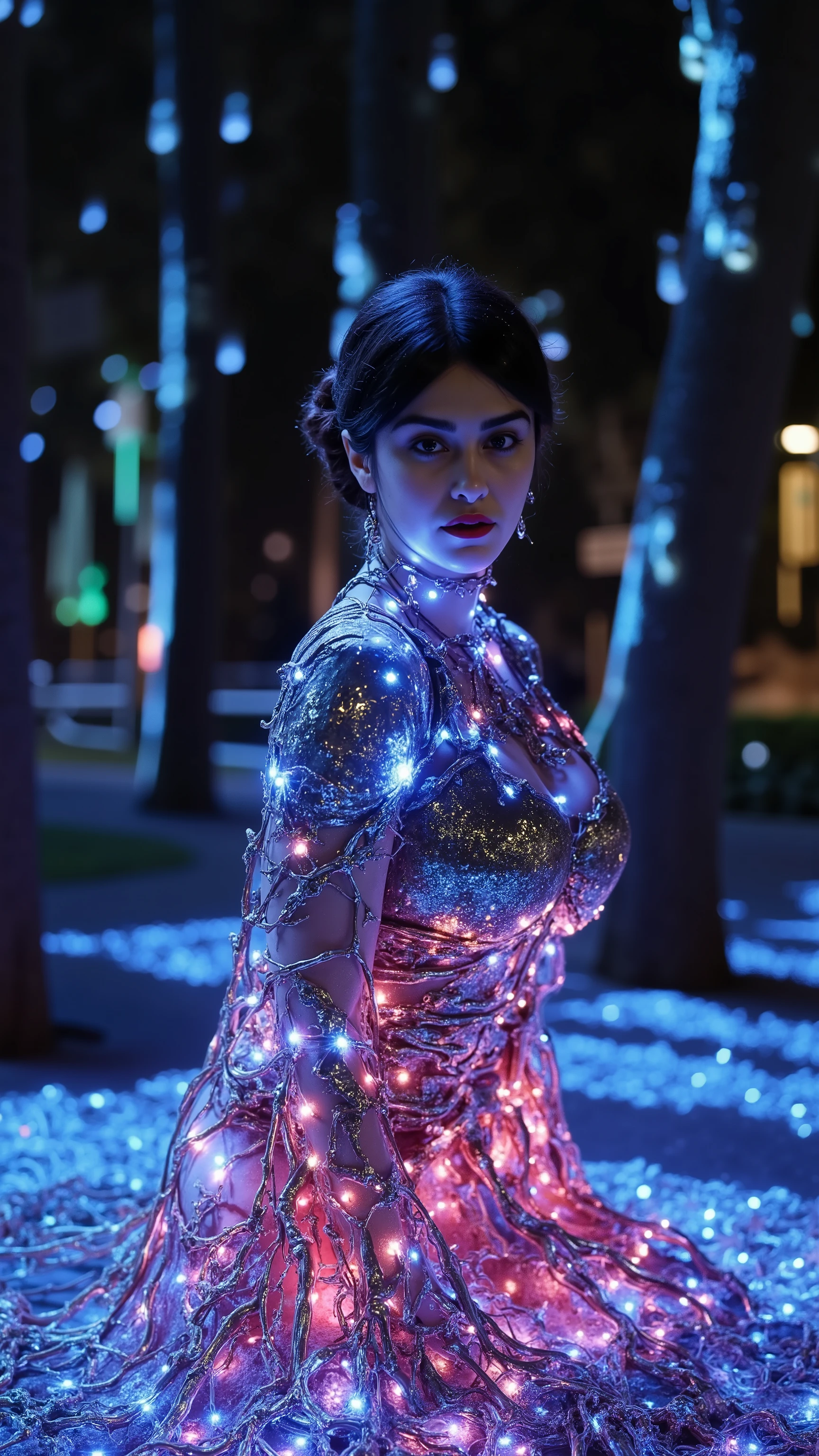 "A woman’s body is partially immersed in a glowing, metallic liquid that behaves like living roots. The liquid wraps around her like vines, its shimmering surface reflecting electric blue and pink lights. Her outfit is futuristic, made from metallic, sleek materials that shimmer in the light. As the roots intertwine with her, they create patterns across her body, hinting at a deep connection between her and the glowing liquid. The setting is a dark, futuristic forest filled with holographic trees and neon foliage."